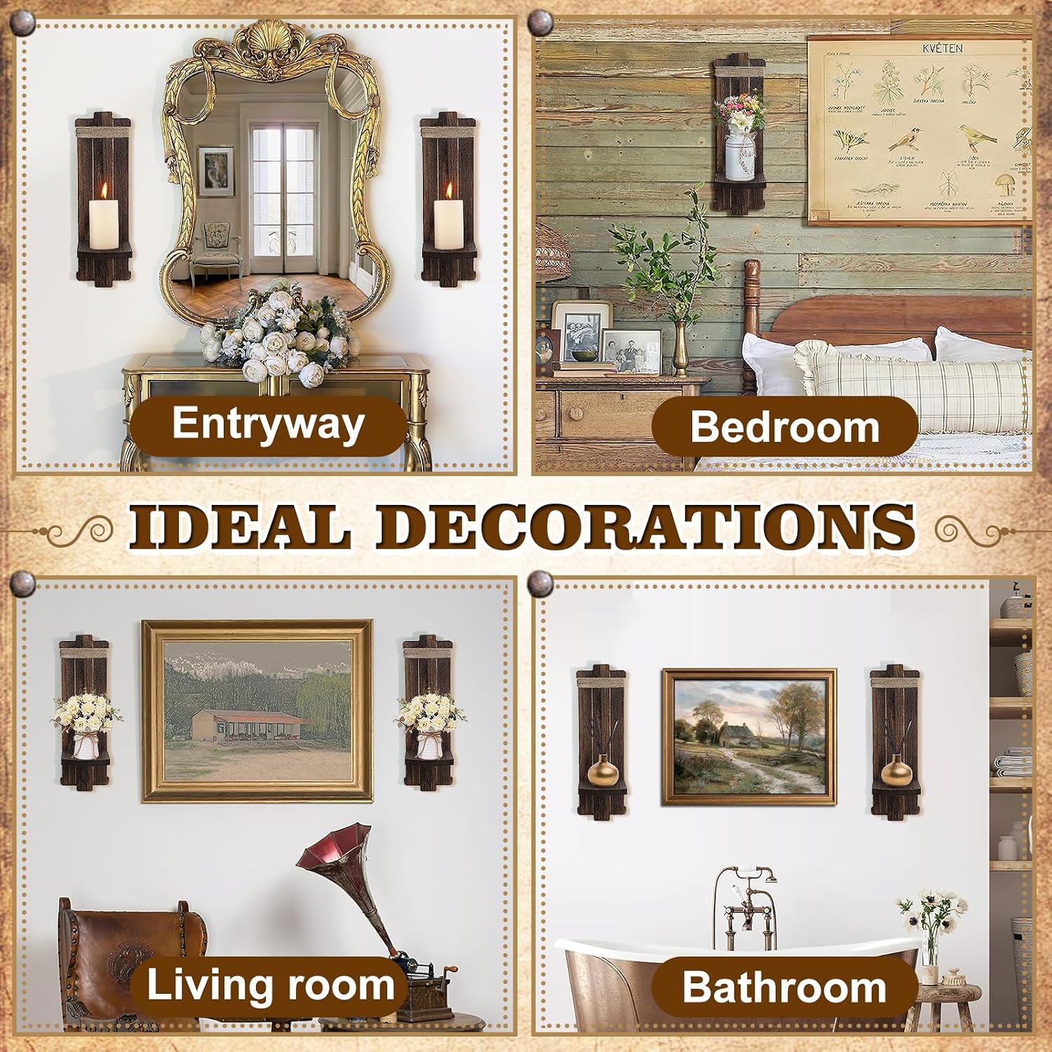 Handmade Wooden Candle Sconces Farmhouse Wall Decor / Brown / 5.3"L x 4.7"W x 16"H / Set of 2