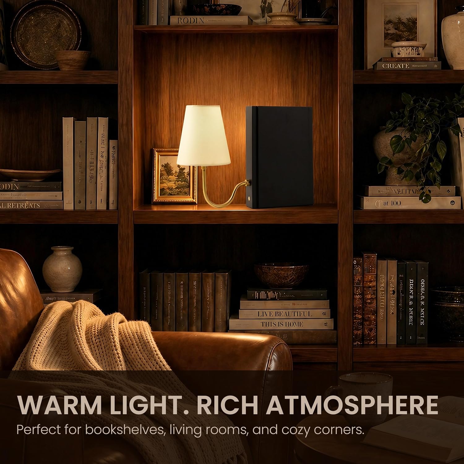 Solid Wood Bookshelf Lamp with Bulb, Cordless Rechargeable Touch Dimmable Table Lamp with Linen Fabric Shade, Modern