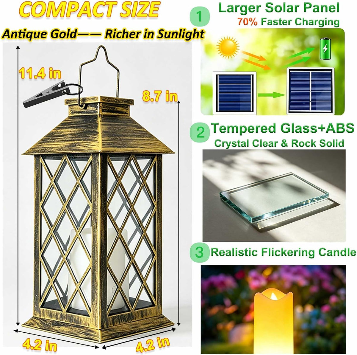 2 Pack 11" Medium Tempered Glass Solar Lanterns Outdoor Waterproof | Hanging Solar Lights with Flickering Flameless