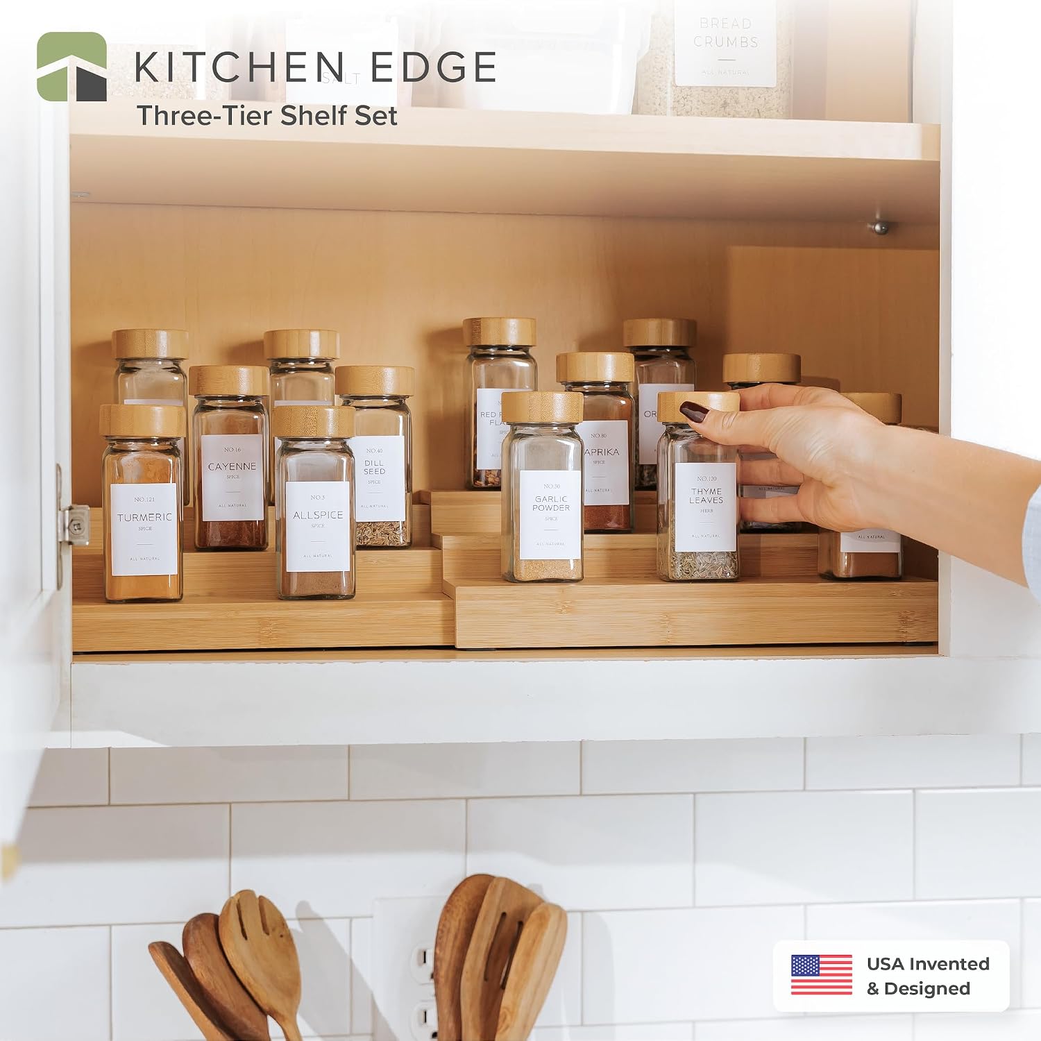 3-Tier Expandable Spice Rack Organizer, Bamboo | Fits 36 spice jars, pantry storage, non-slip feet