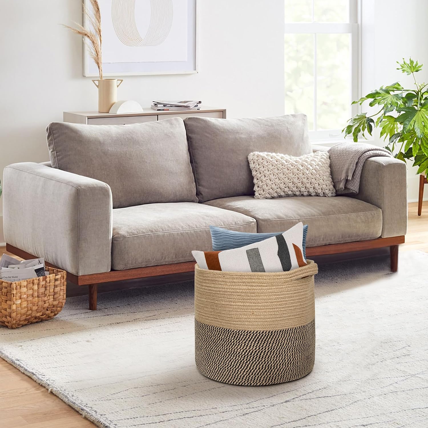Woven Baskets for Storage / Black and Jute / 16 x 14
