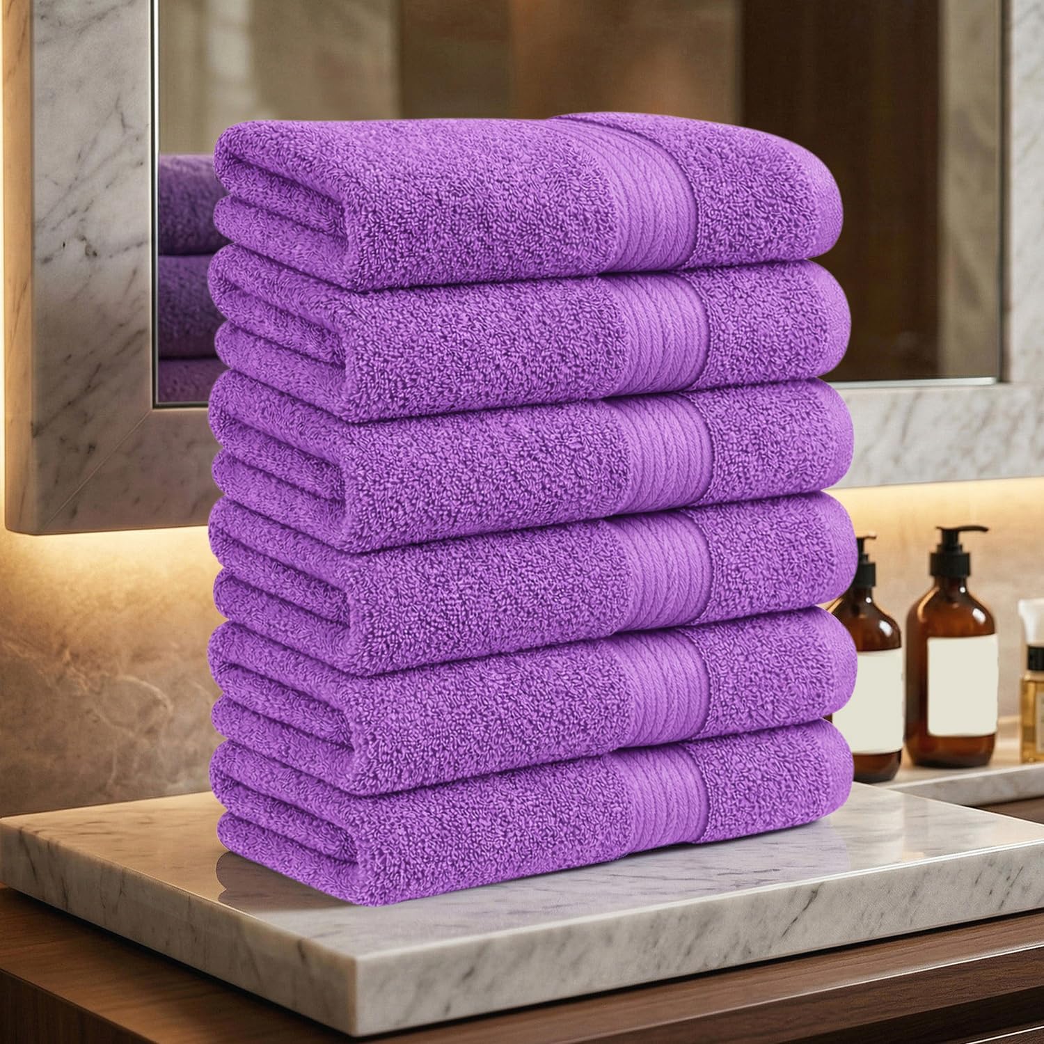 100% Cotton Hand Towels 18x28 Inches, 600 GSM, Soft & Absorbent, Set of 6, Purple