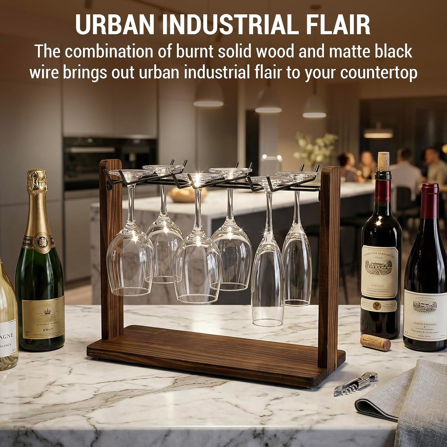 MyGift Tabletop Wine Glass Drying Rack, Champagne Flute Holder, Countertop Stemware Stand for Goblets, Modern Burnt