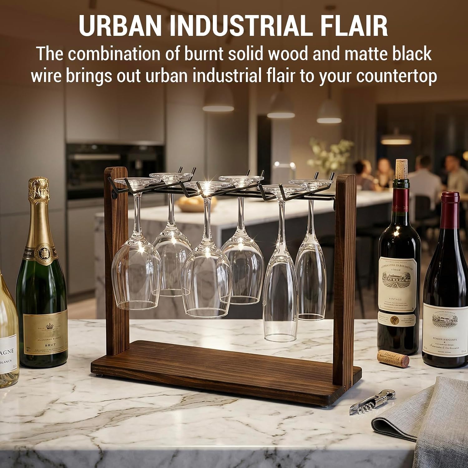 MyGift Tabletop Wine Glass Drying Rack, Champagne Flute Holder, Countertop Stemware Stand for Goblets, Modern Burnt