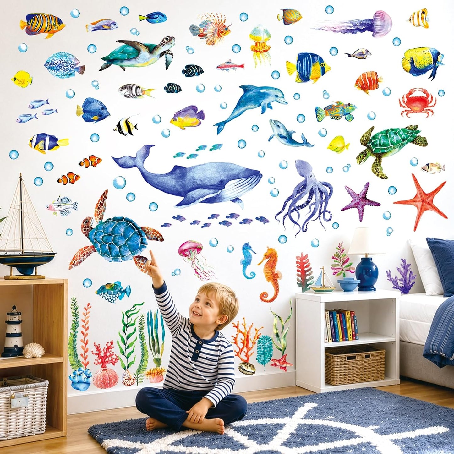 DECOWALL Under The Sea Wall Decals Ocean Fish Stickers Turtle Jellyfish Seaweed / Set of 128