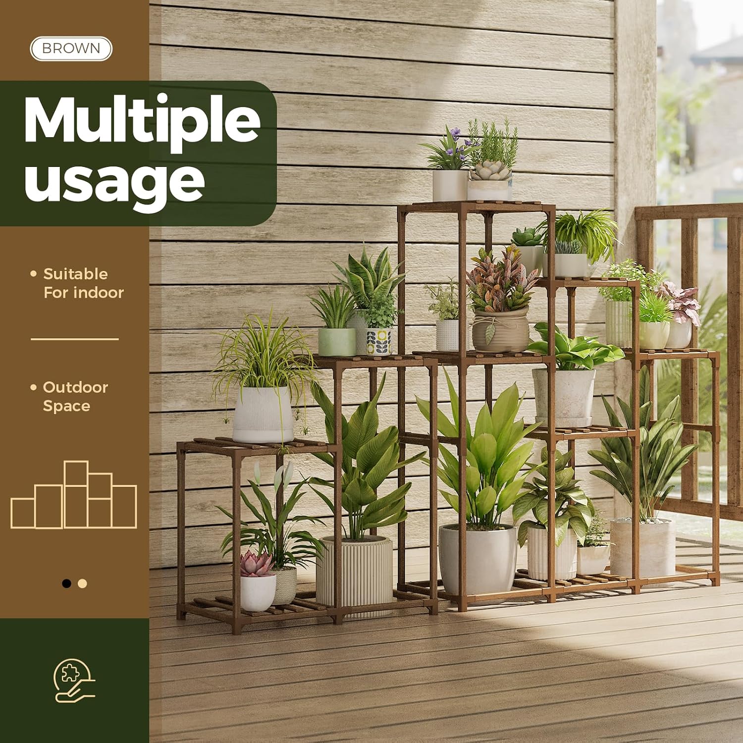 Bamworld 2 Sets Plant Stands Indoor Tall Shelves Outdoor for Multiple | Flowers 10 Pots Wooden Rack for Living Room