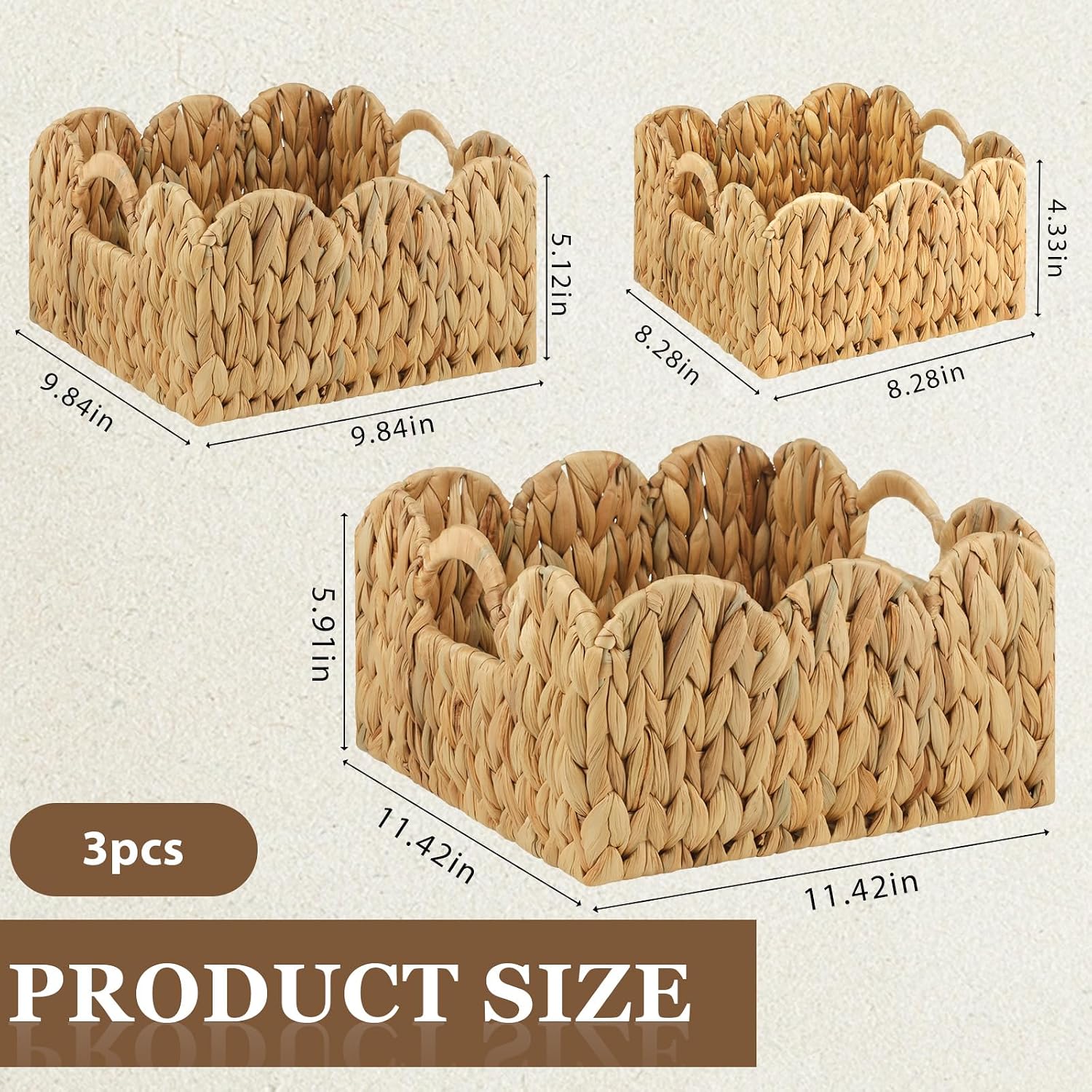 Scalloped Edge Basket Hand Woven Wicker Storage Baskets Rattan Baskets / Set of 3