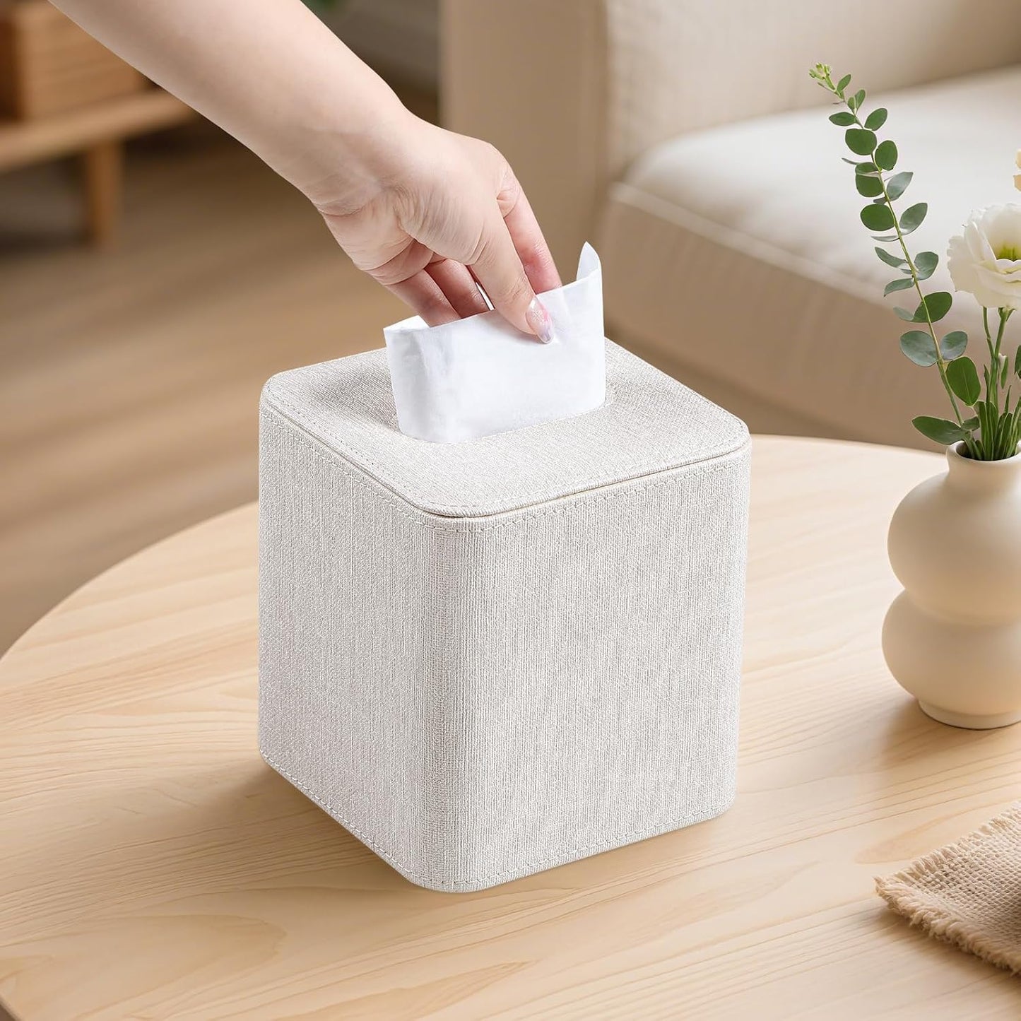 Square Linen Tissue Box Cover / Beige