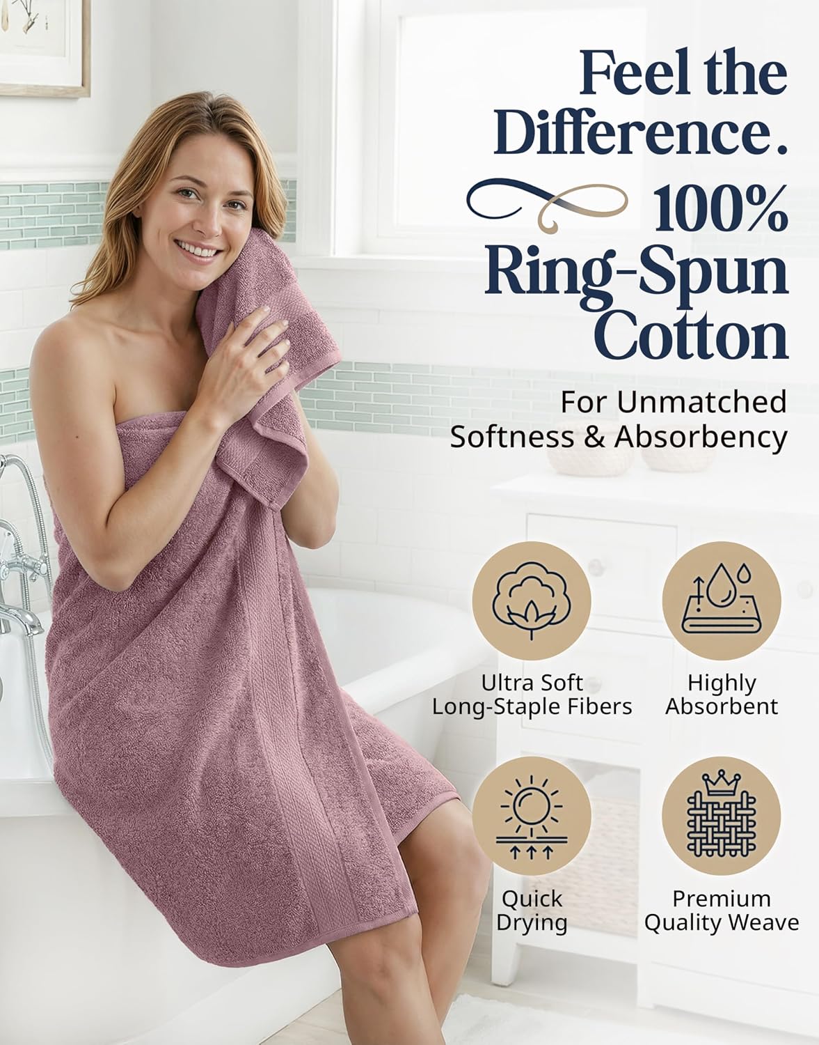 LANE LINEN Bath Towel Set Absorbent Quick Dry 100% Cotton - Wishful Mauve | Cotton Bath Towel Set - OEKO-TEX Certified