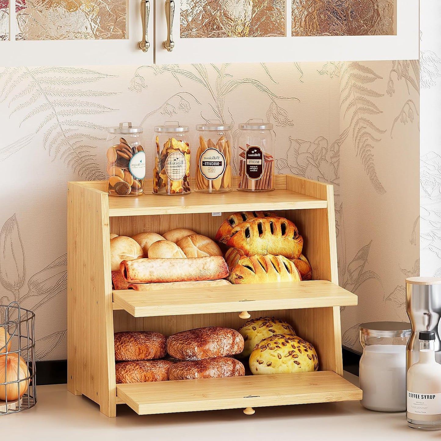 Trironsun Vintage Double Layer Bread Box for Kitchen Counter Bamboo Bread Storage Container Large Capacity Bread