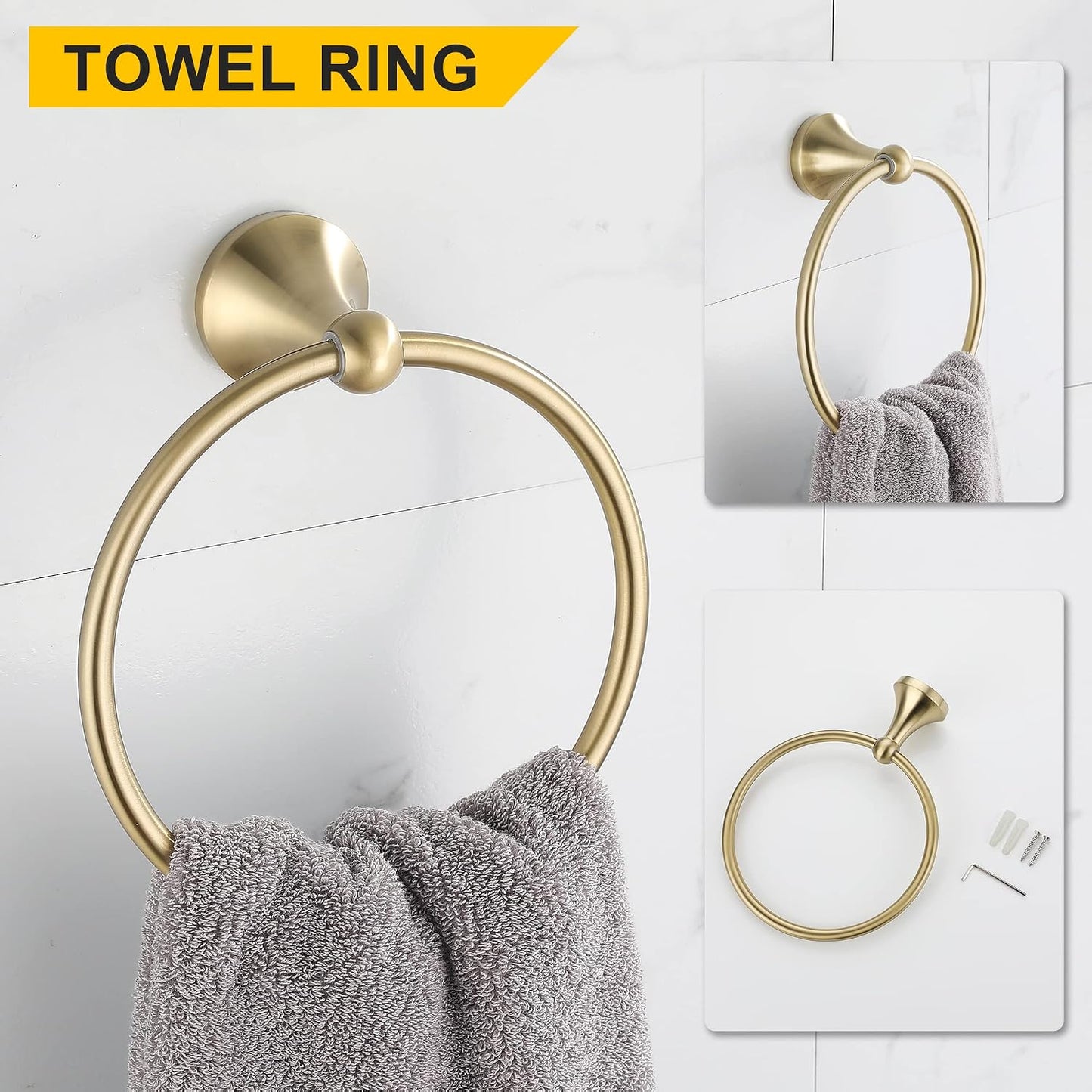4 Piece Gold Bathroom Hardware Set - Brushed Gold Bathroom Accessories, 23.6 Inch Towel Bar | Towel Hook | Toilet Paper
