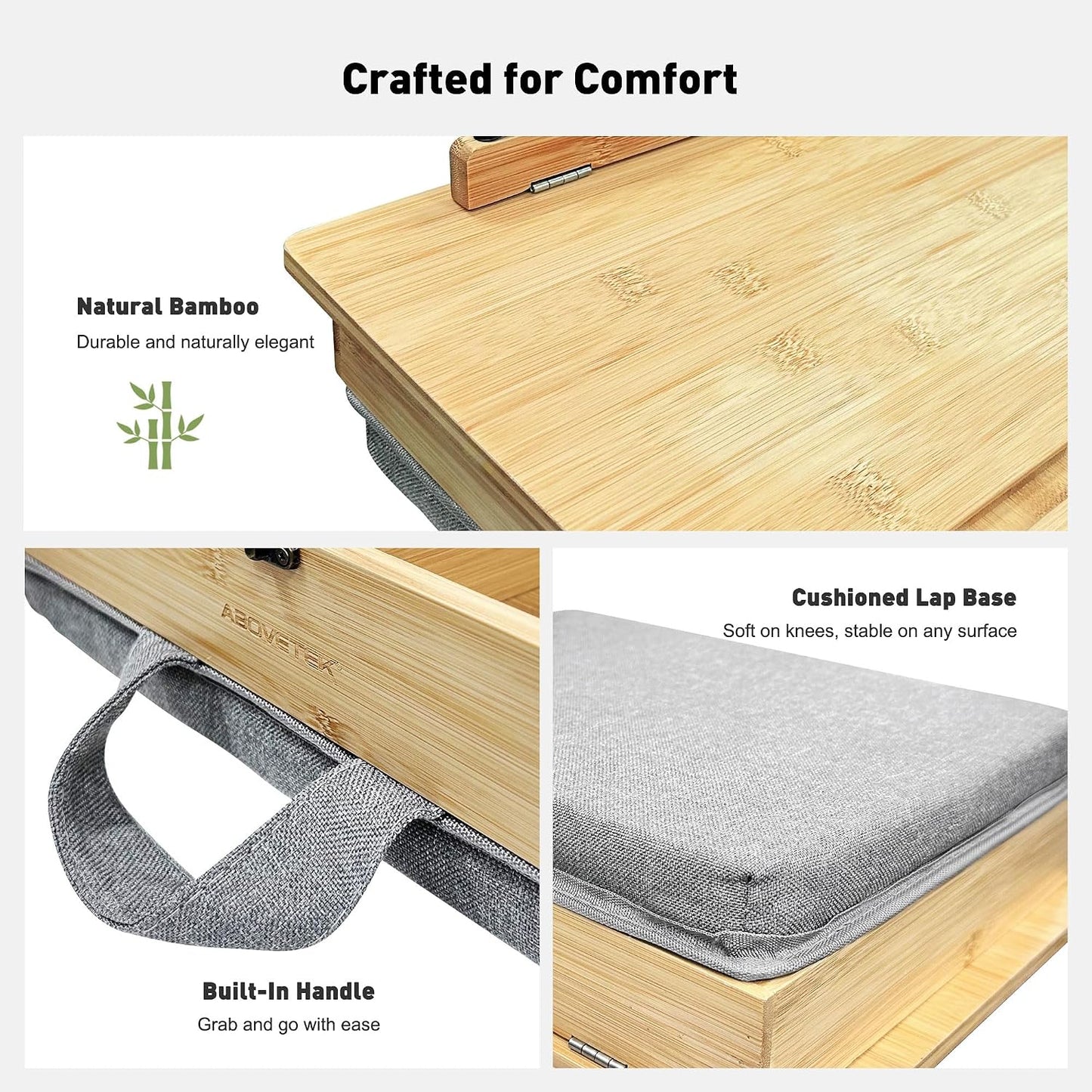 AboveTEK Book Stand for Reading with Storage, Adjustable Bamboo Book Holder with Soft Lap Cushion, Cookbook Stand