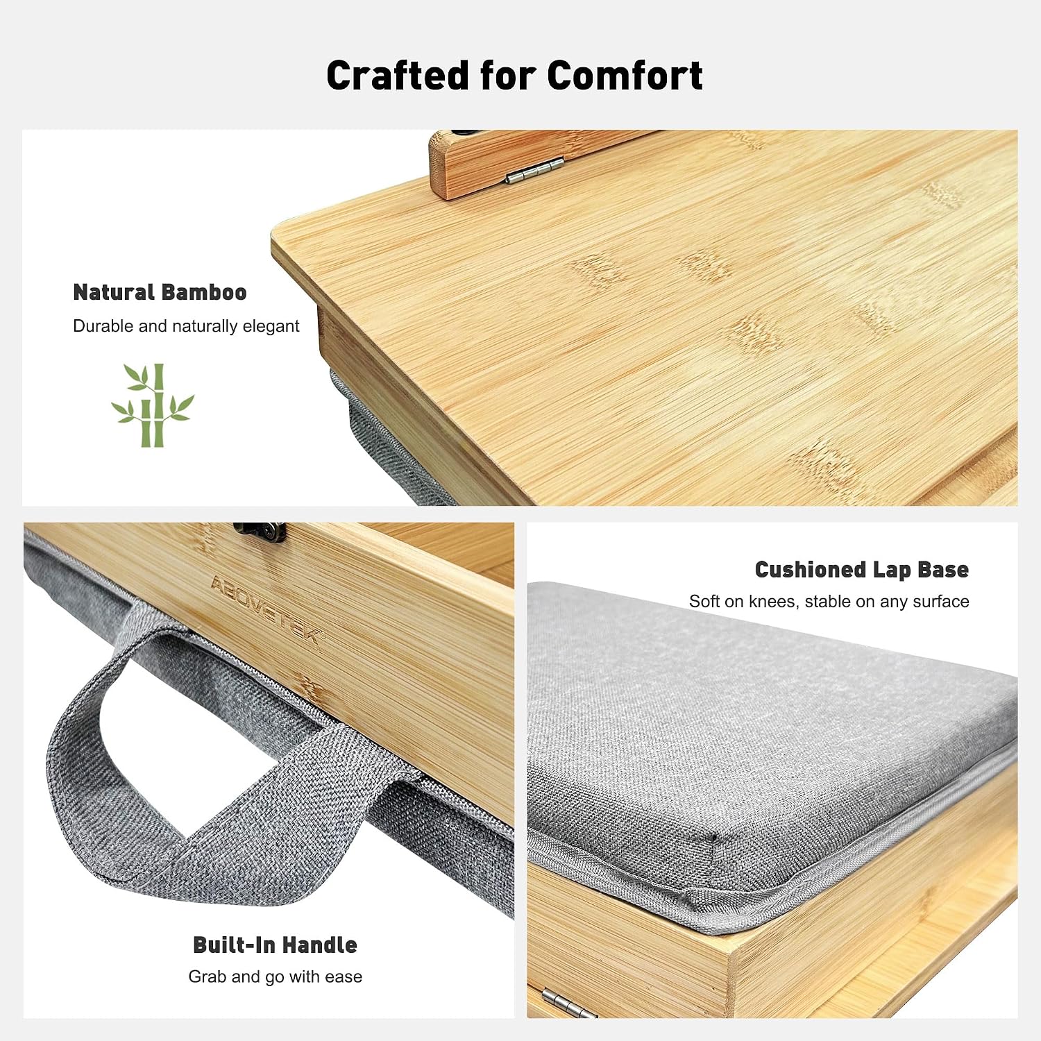 AboveTEK Book Stand for Reading with Storage, Adjustable Bamboo Book Holder with Soft Lap Cushion, Cookbook Stand