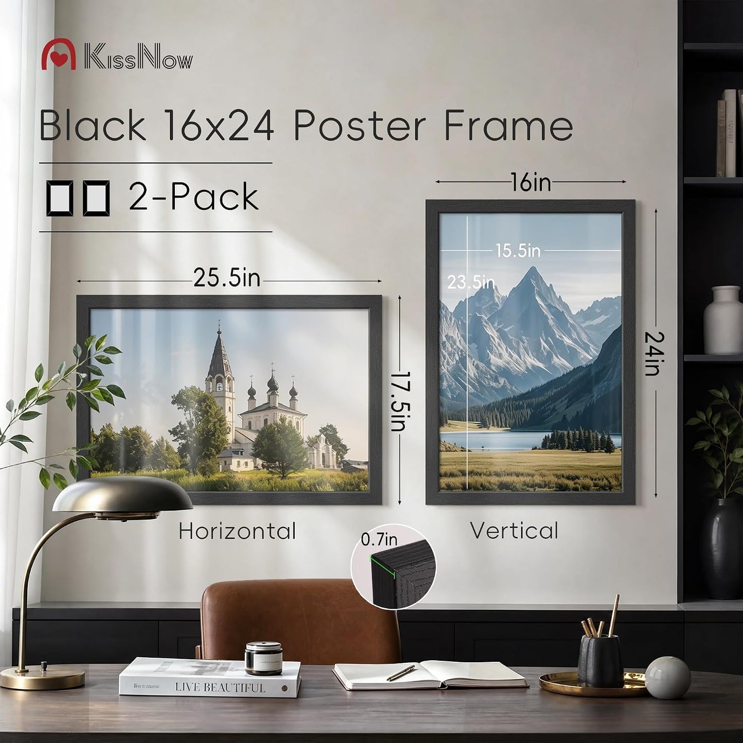 16x24 Picture Frame, Black Solid Wood, 2 Pack, Wall Hanging for Art | Thick & Wide Border, HD Plexiglass, Horizontal or