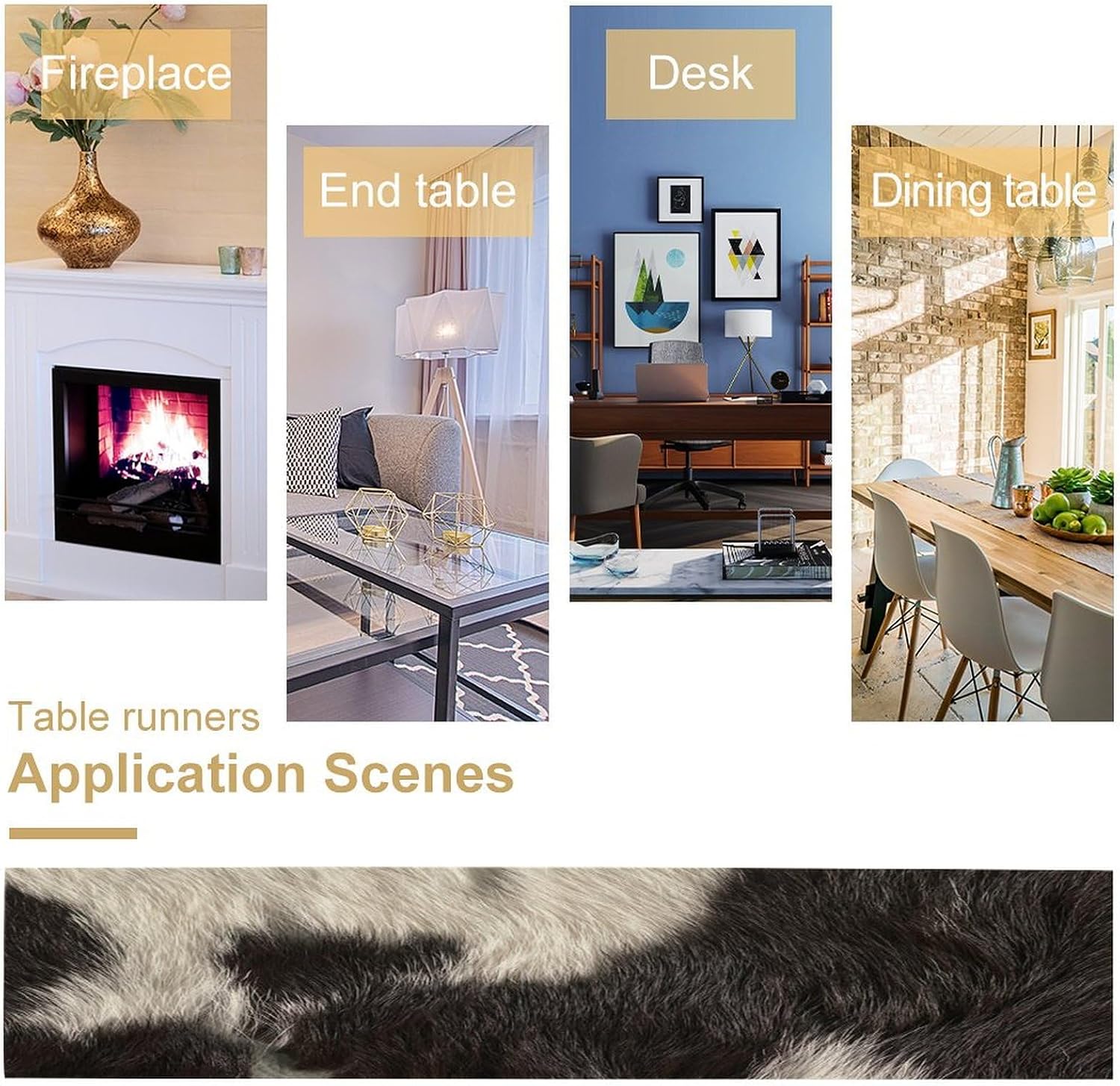 Cowhide Table Runner Black and White Milk Cow Western Style 3D Cow Fur Skin Texture Table Runner for Living Room