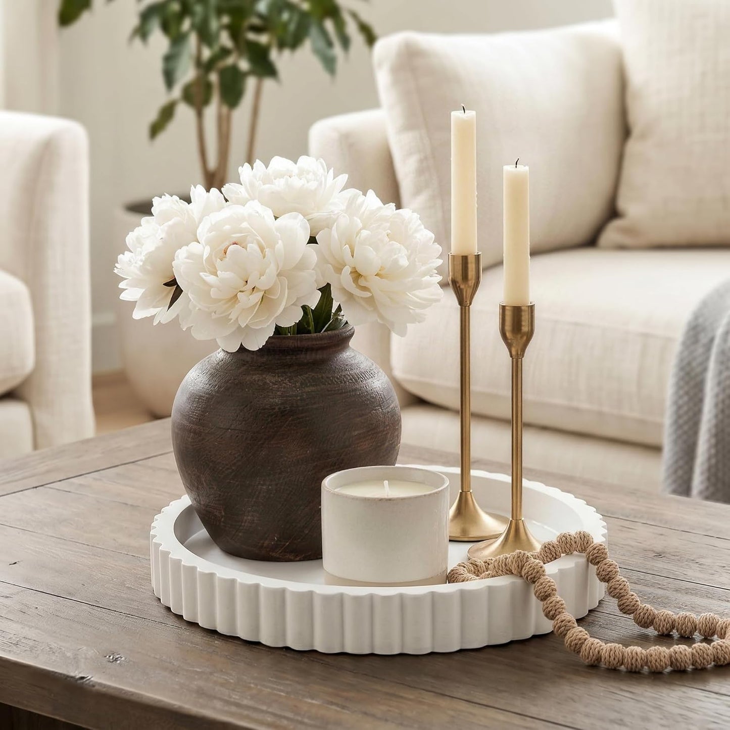 Modern Minimalist Wooden Round Decor Tray / White / Set of 2