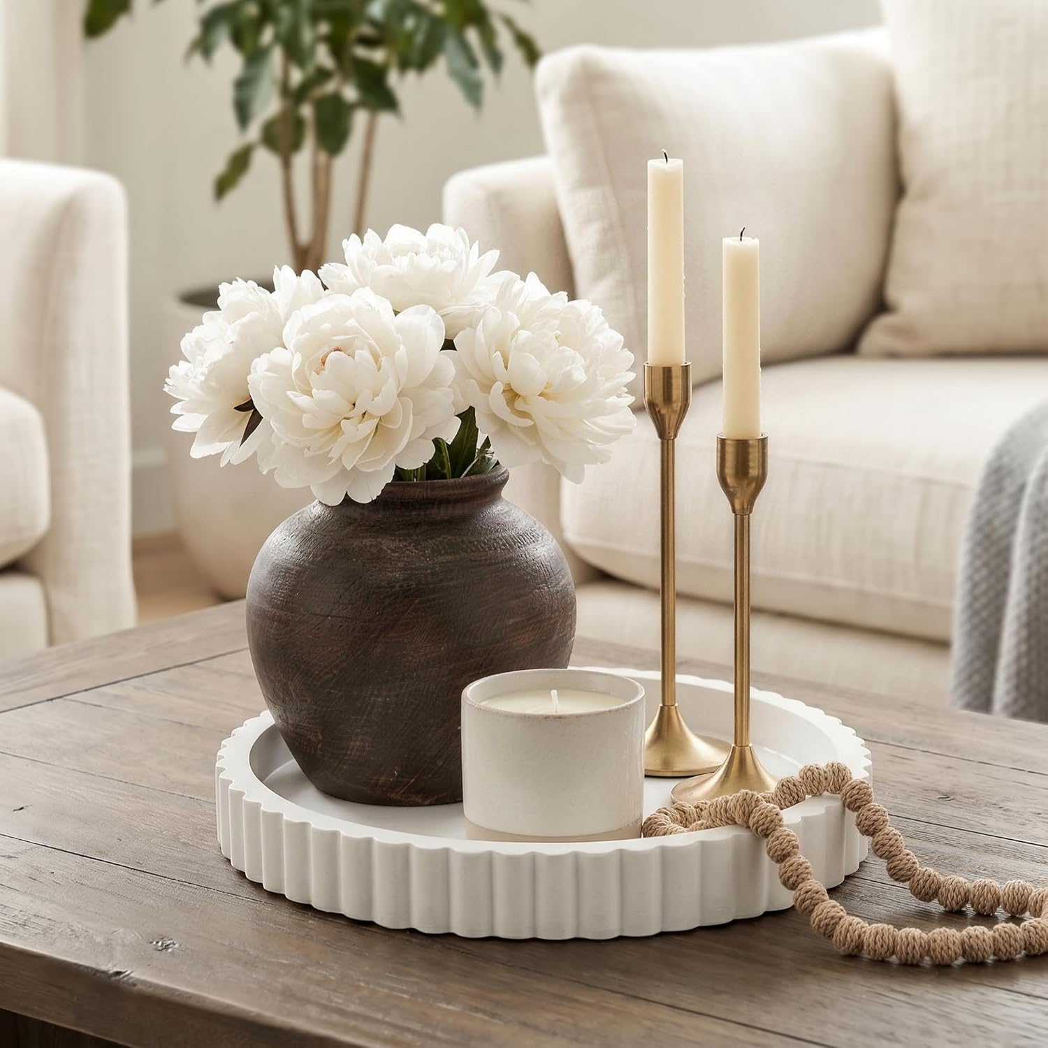 Modern Minimalist Wooden Round Decor Tray / White / Set of 2