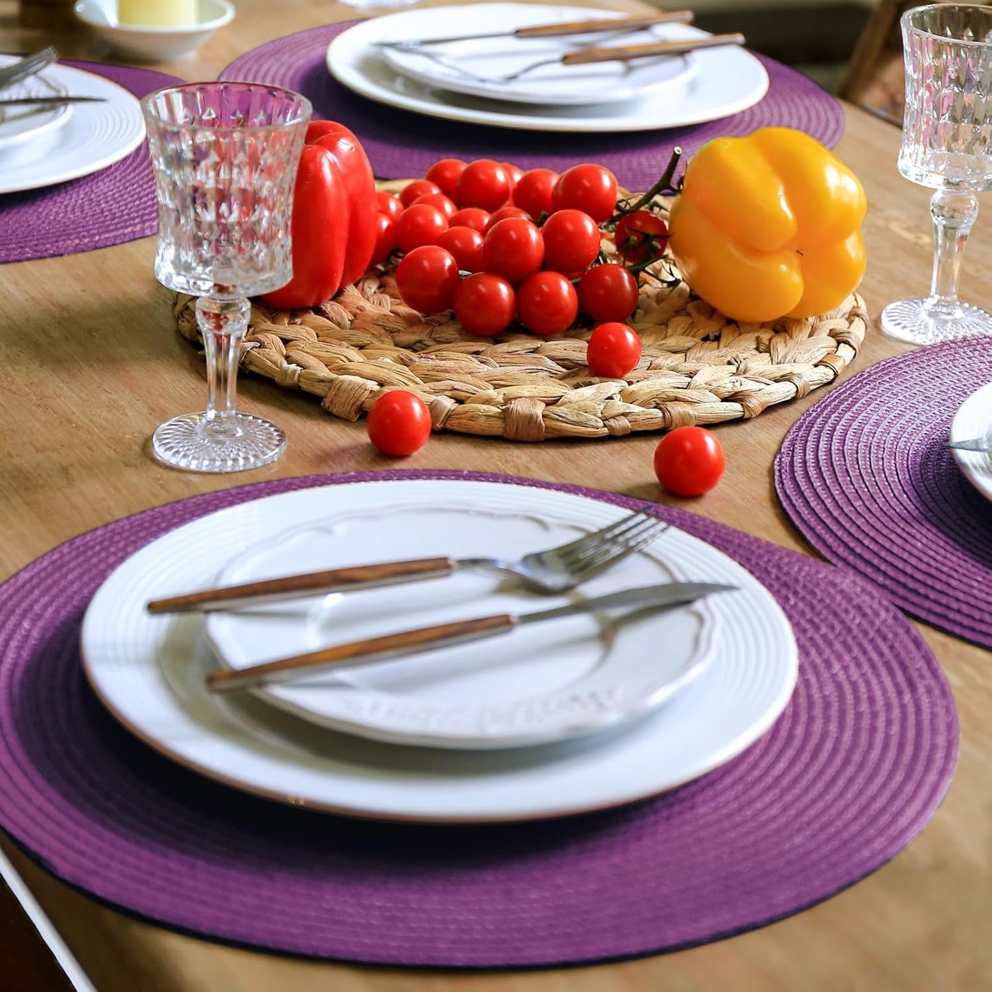 FunWheat Round Braided Placemats Set of 8 Table Mats for Dining Tables Woven Washable Non-Slip Place mats 15