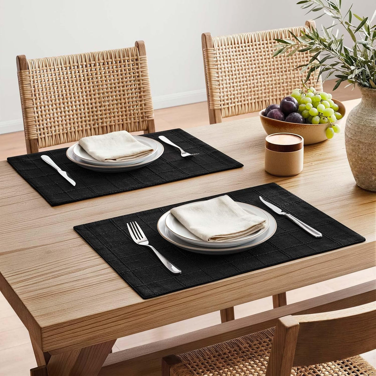 Linen Checked Farmhouse Placemats Set of 4, Black 13x19in | Double Layer, Reversible, Thick Textured Table Mats, Raised