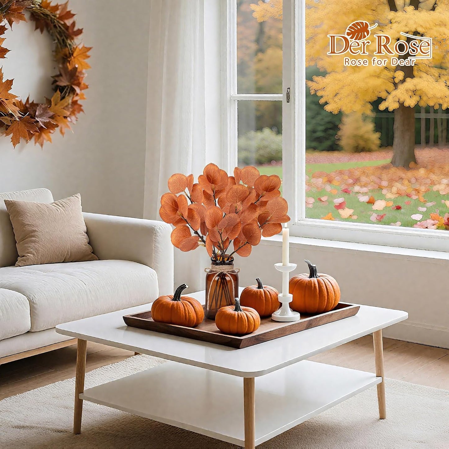 13.5" Fake Plants for Fall Bathroom Decor Autumn Artificial Eucalyptus Stems in Glass Vase / Amber