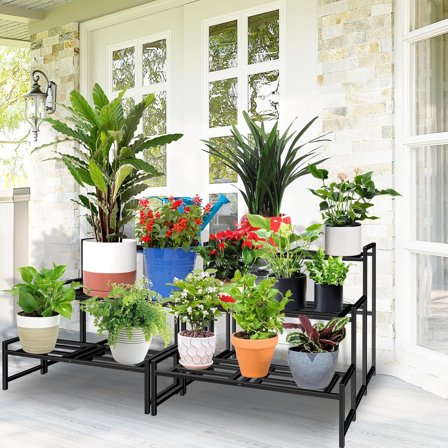 Plant Stand Indoor Outdoor, 3-Tier Stackable Wrought Iron Plant Stands | Metal Plant Shelf Decorative Outdoor Flower
