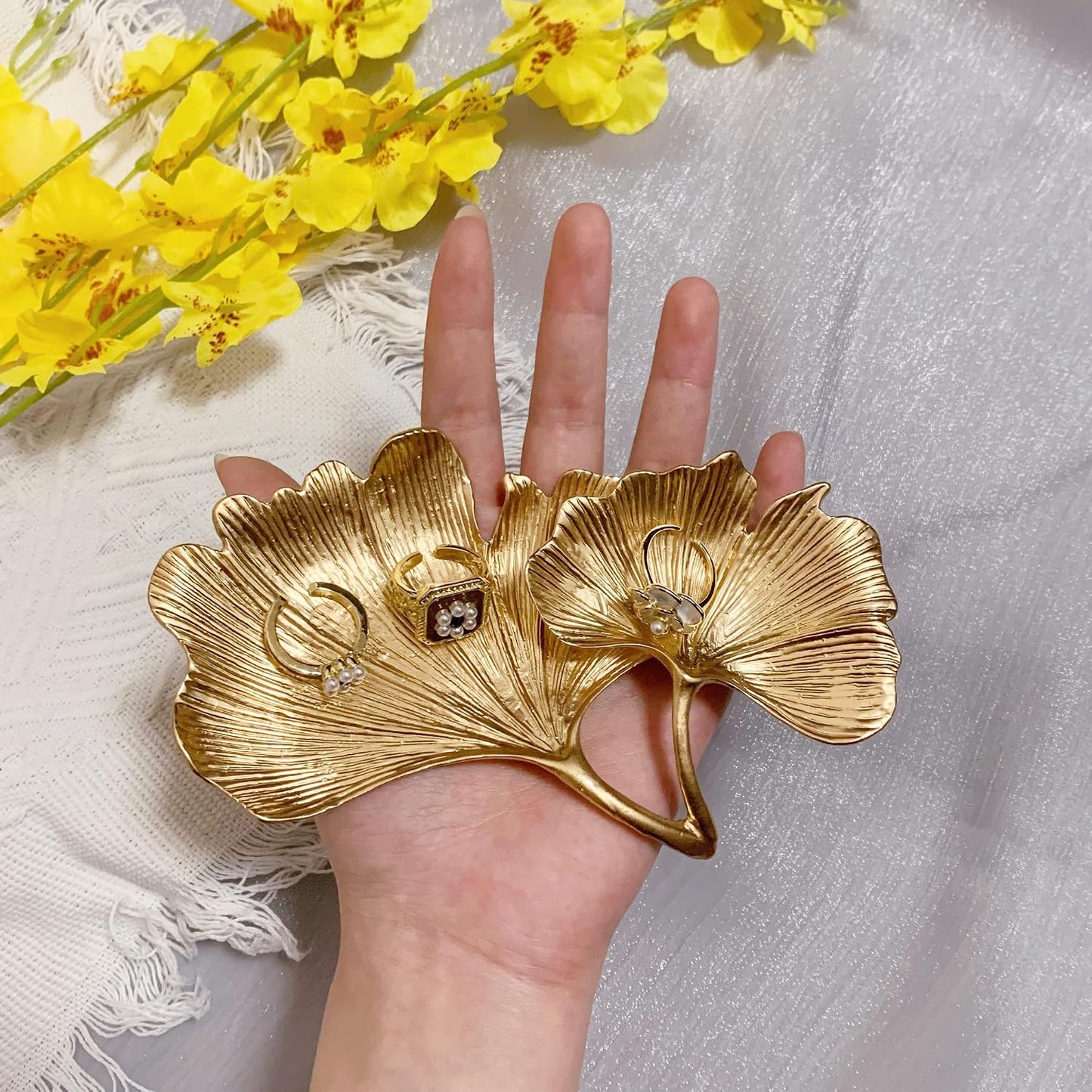 Trinket Dish Vanity Tray for Dresser Christmas / 2-tier Ginkgo-gold