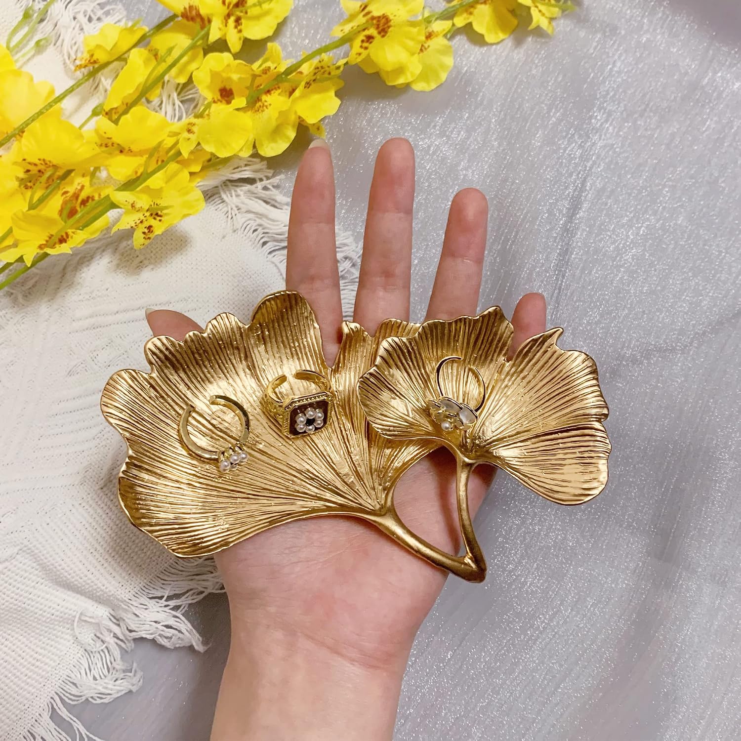 Trinket Dish Vanity Tray for Dresser Christmas / 2-tier Ginkgo-gold