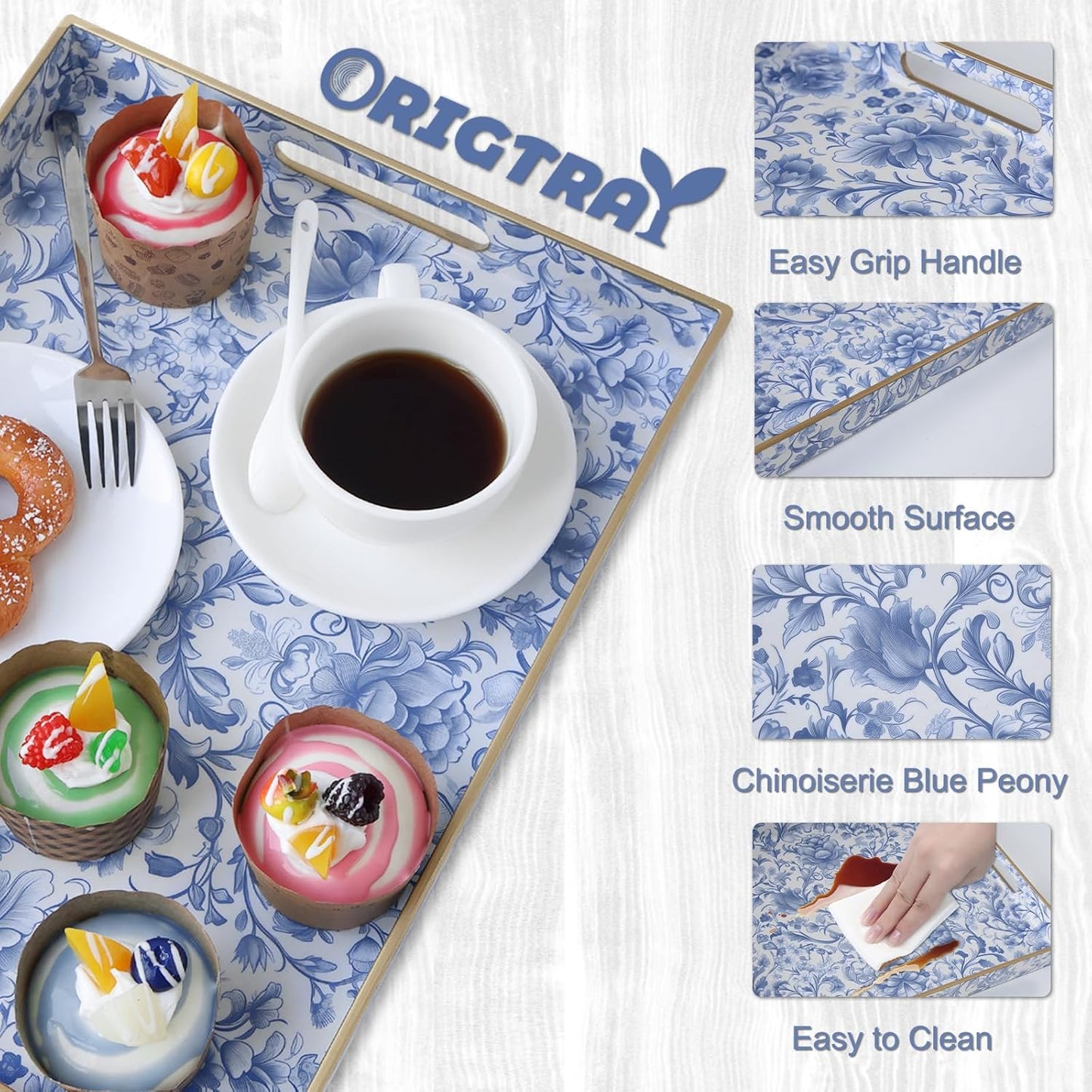 Serving Tray / Rectangular Plastic Tray / Blue and White Peony 1 Pc / 15.8 x 11.8 x 1.6