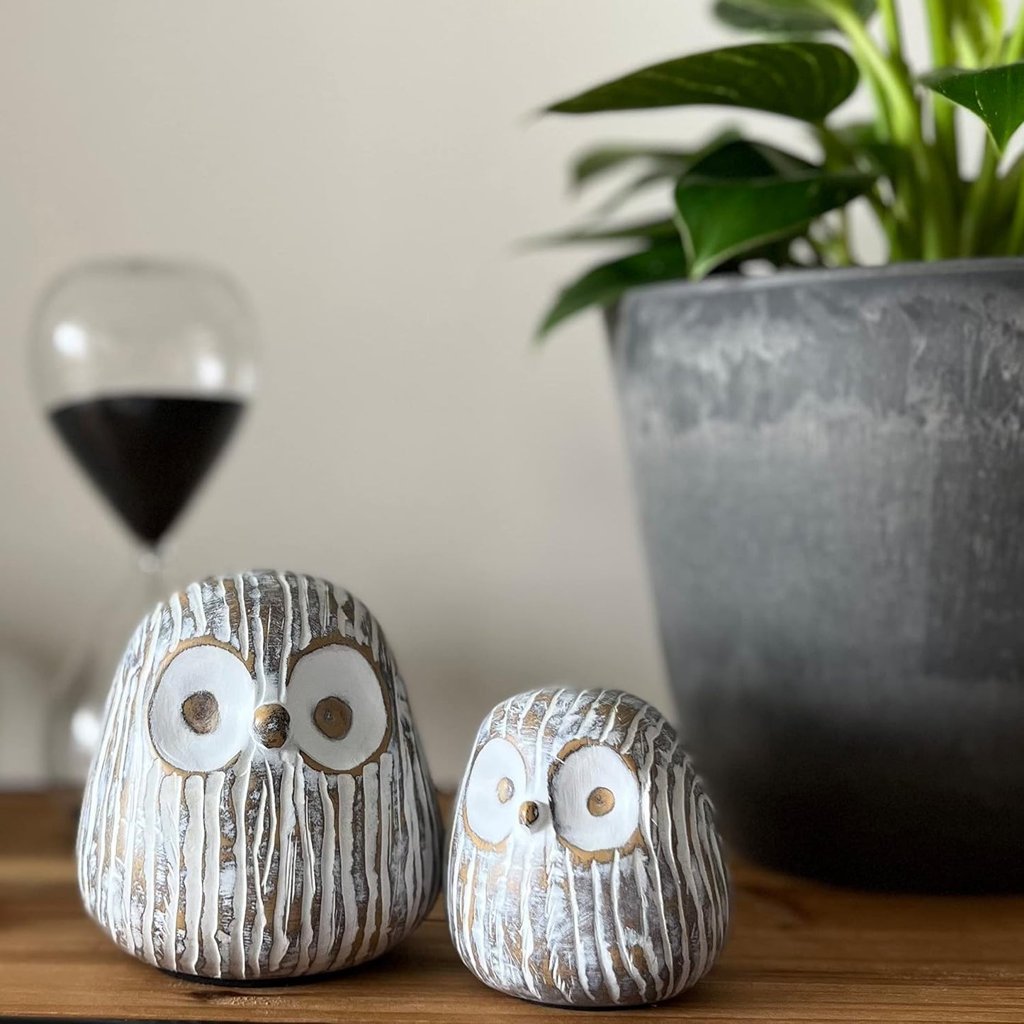 Chubby Night Owl Decor Statue Sculpture / Rustic Brown / Set of 2