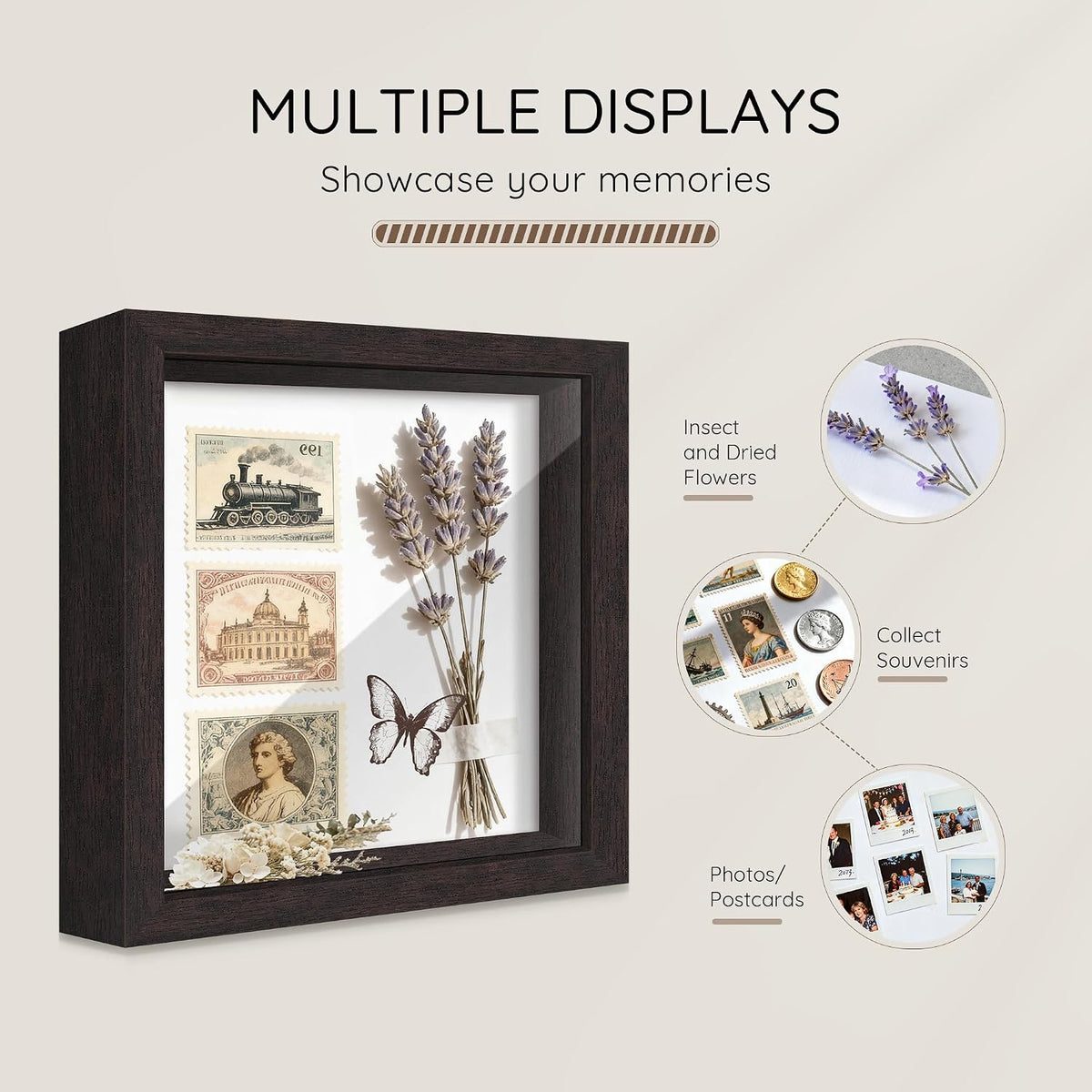 12x12 Brown Wooden Shadow Box Frame, 1.2" Deep, Tempered Glass | Black Backboard, Tabletop & Vertical/Horizontal Wall