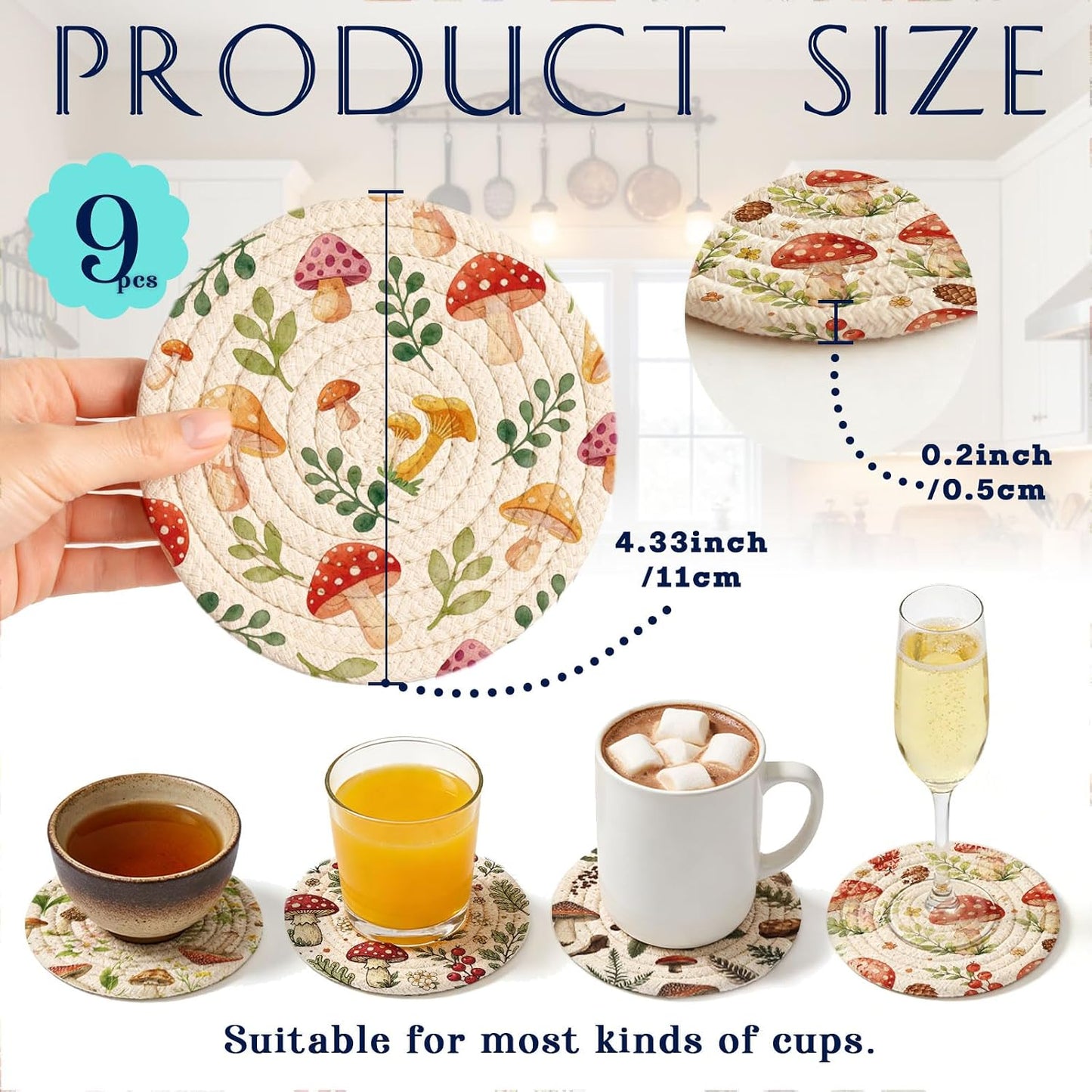 Cotton Woven Coaster / Leaves and Mushroom / 4.3 Inch / Set of 9