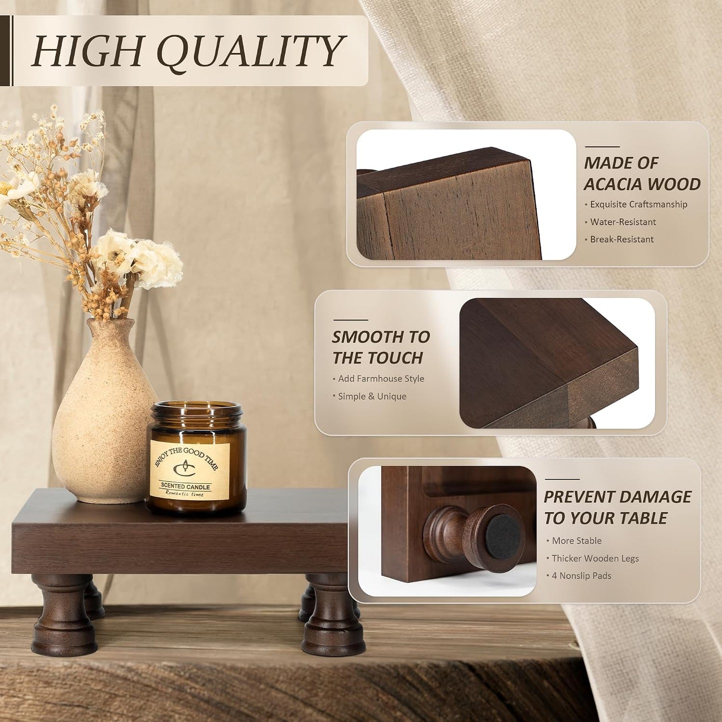 EOSAHR Wood Riser for Decor & Display Stand for Kitchen Counter, DarkBrown | Acacia Wood, Rich Wood Grain, 8.5"