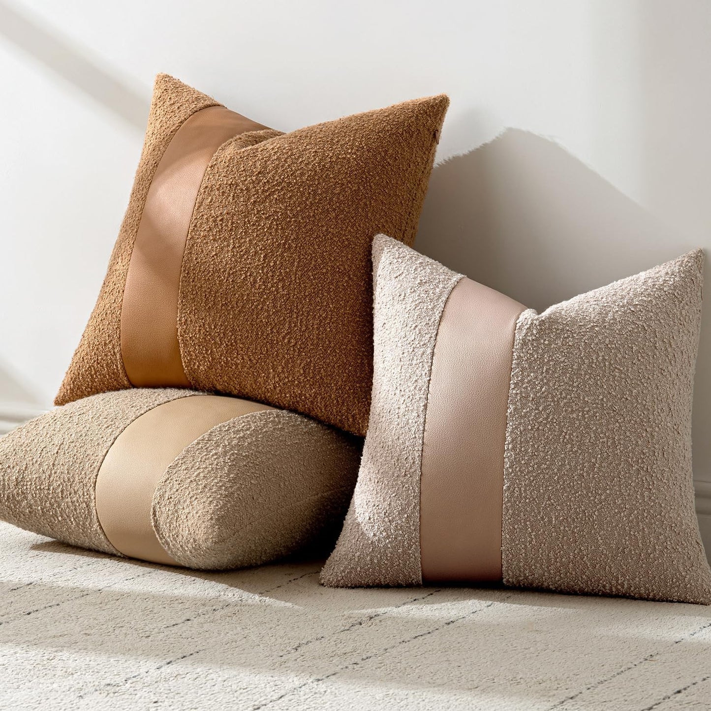 Boucle Throw Pillow Covers Faux Leather Textured Decorative Pillow / 18 x 18 / Brown / Set of 2