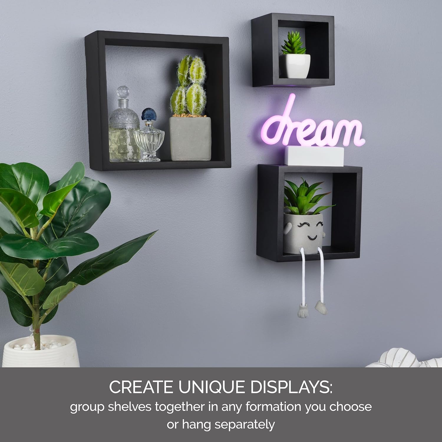 Floating Wall Square Cube Shelves / Black / Set of 3