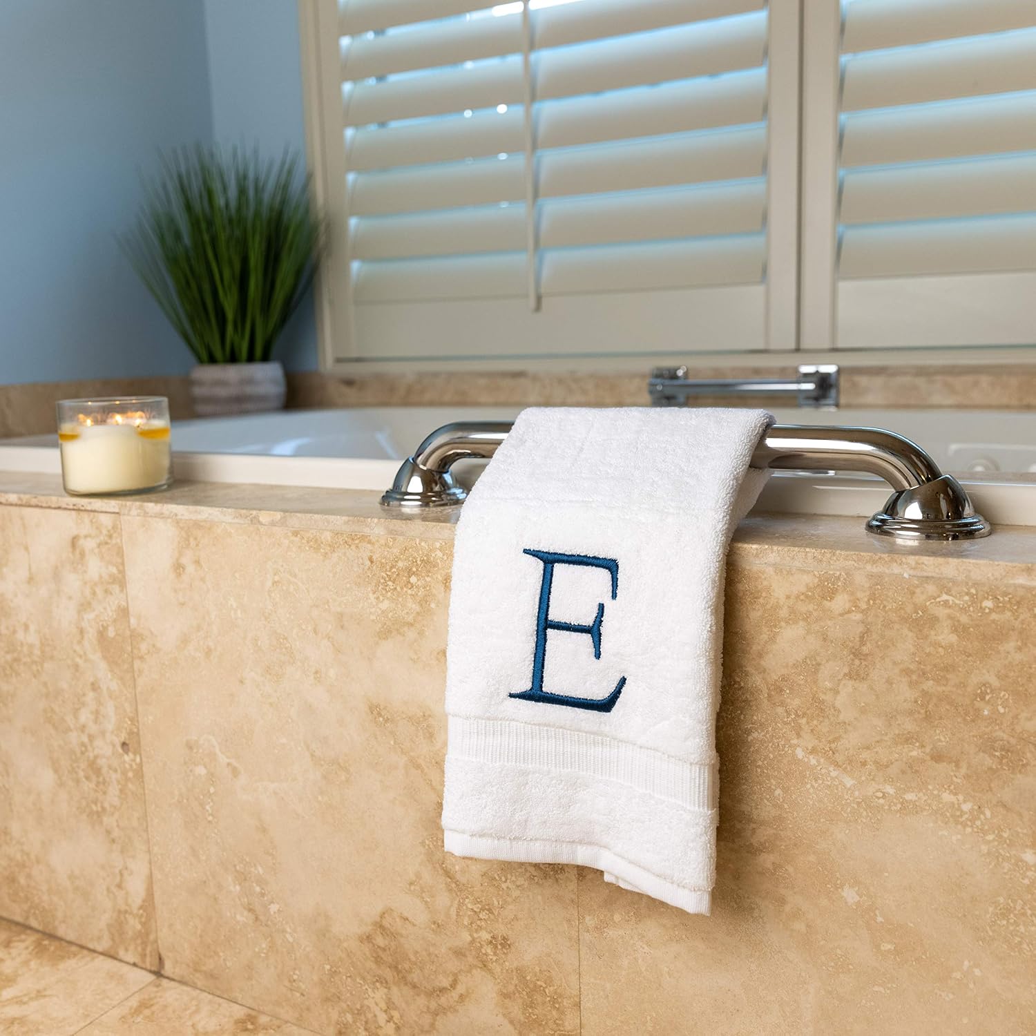 White with Navy Monogrammed Hand Towels for Bathroom - Set of 2 Letter E | Luxury Hotel Quality Initial Towels For