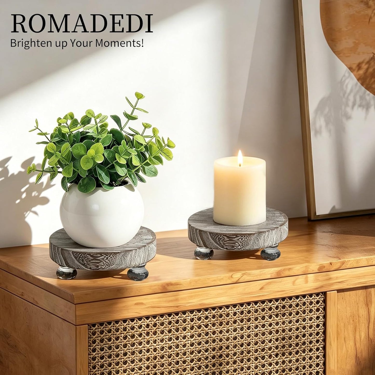 Rustic Decor Mini Wooden Pedestal Stand Decorative Round Tray / Whitewashed / Set of 2