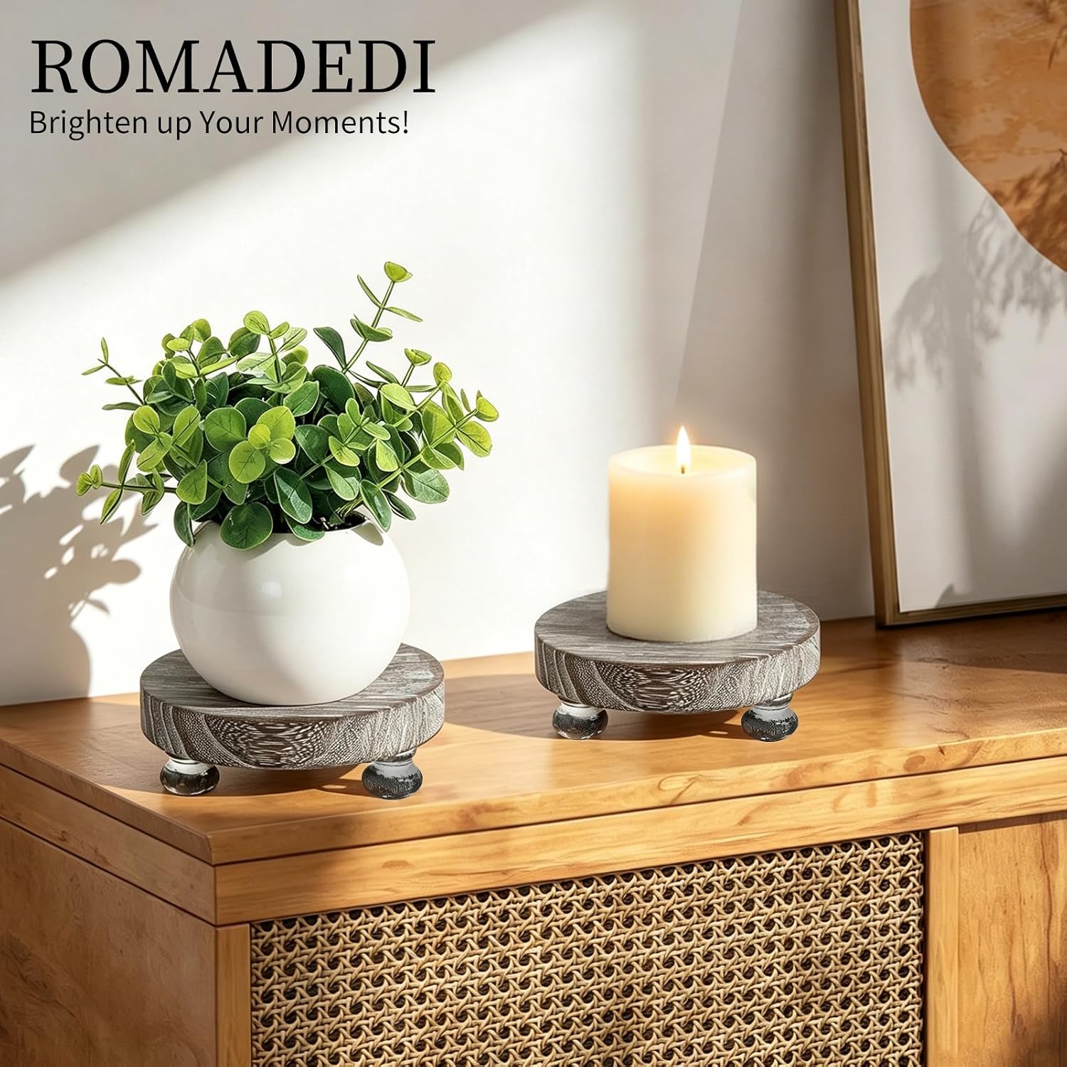 Rustic Decor Mini Wooden Pedestal Stand Decorative Round Tray / Whitewashed / Set of 2