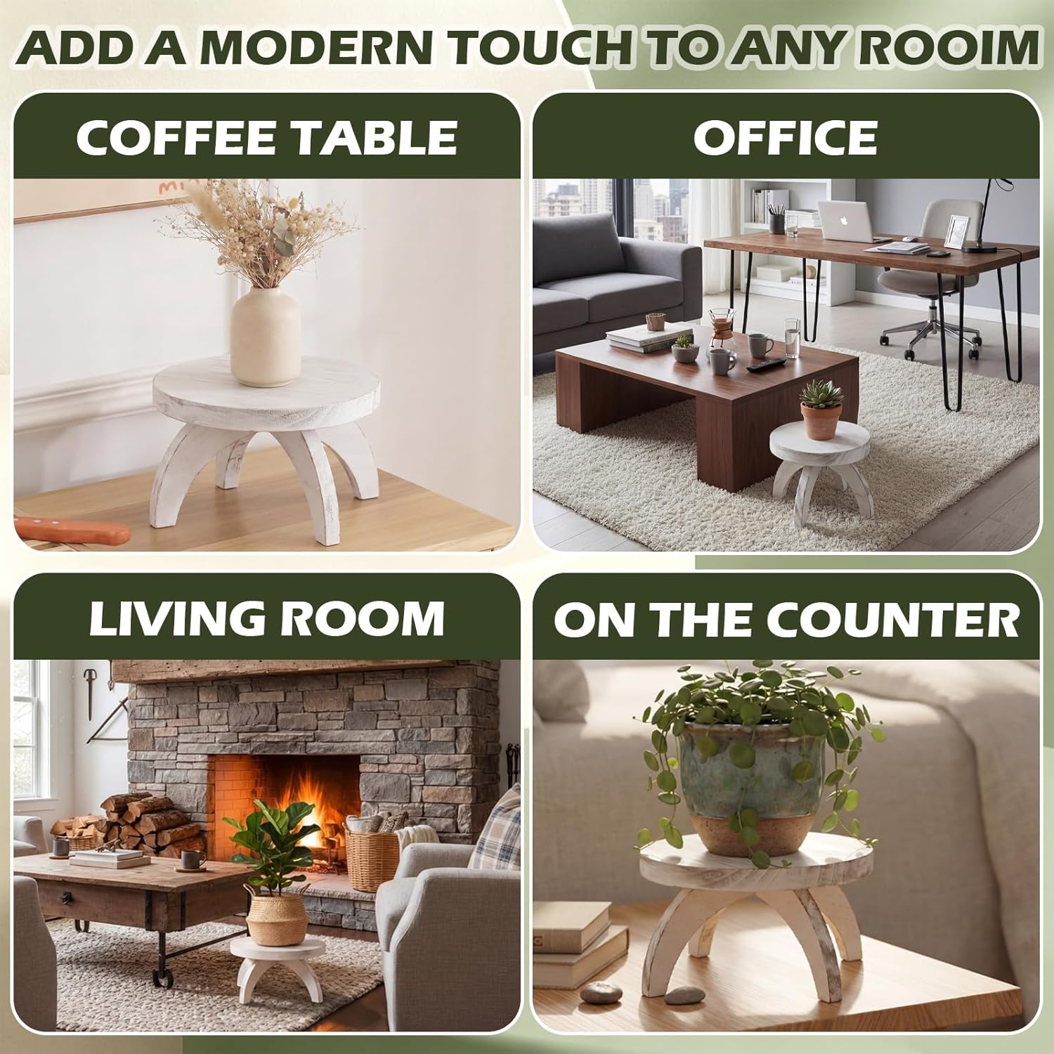 Short Plant Stand Small Wood Plant Stool Low Wood Riser Pedestal Display / Round / White / Set of 2