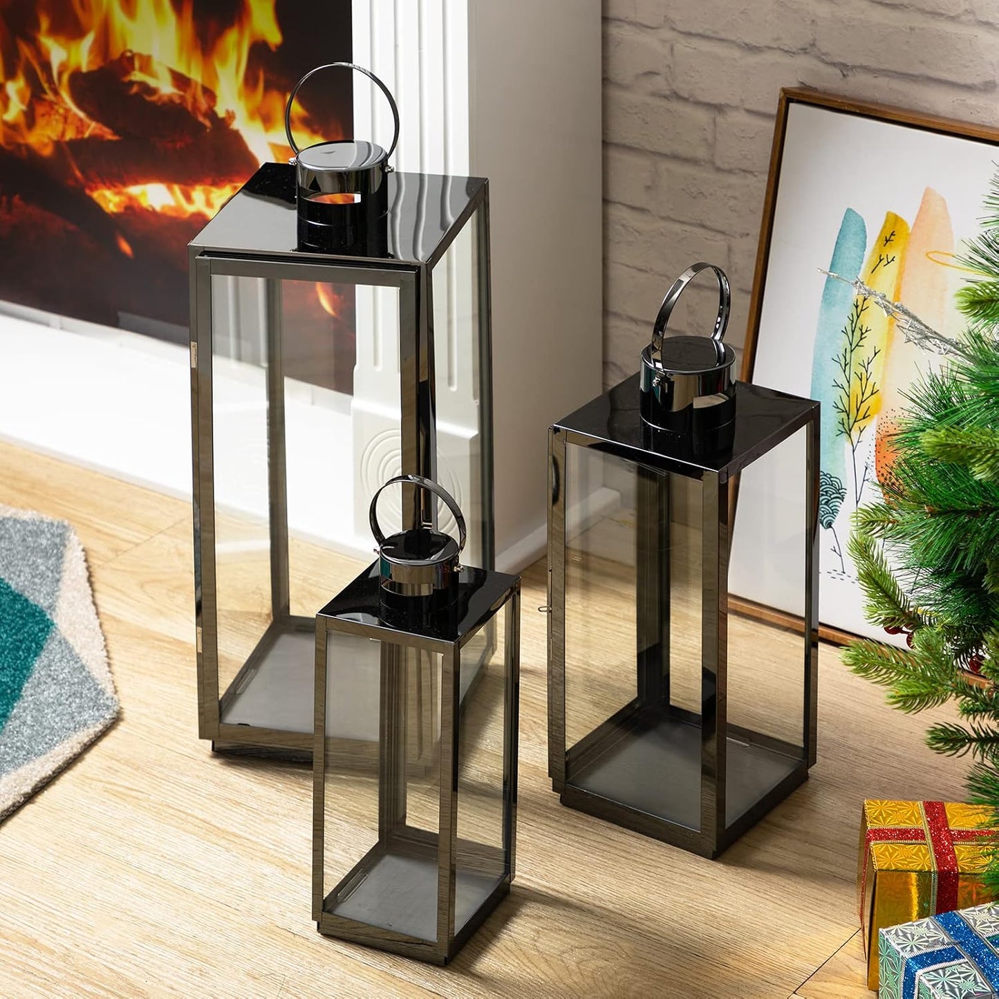 MATICO Stainless Decorative Candle Lantern Set of 3, Hanging Decor Hurricane Lantern Candle Holder for Festival