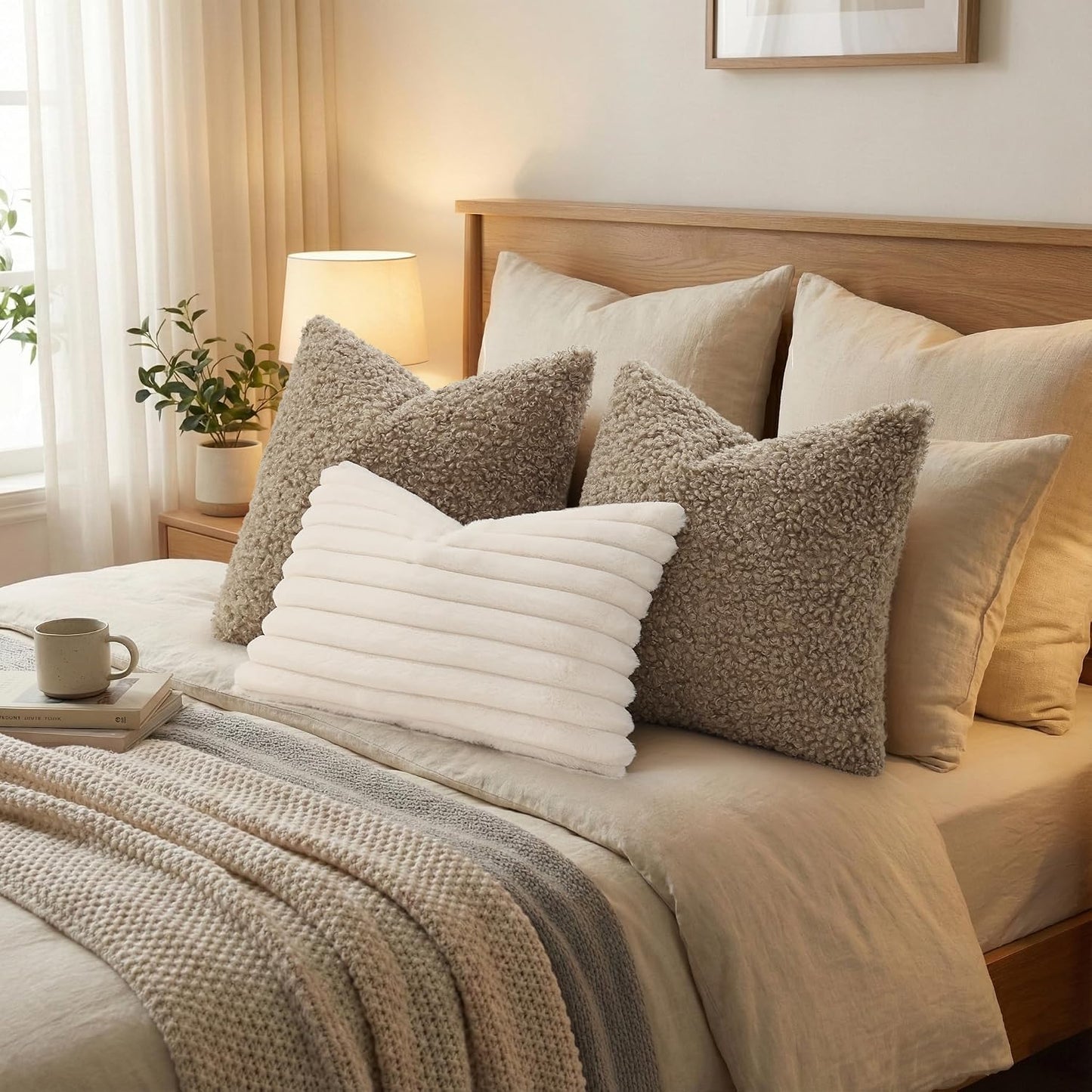 Faux Fur Decorative Sherpa Pillow Covers Fuzzy Accent Soft / Khaki / 18 x 18 / Set of 2