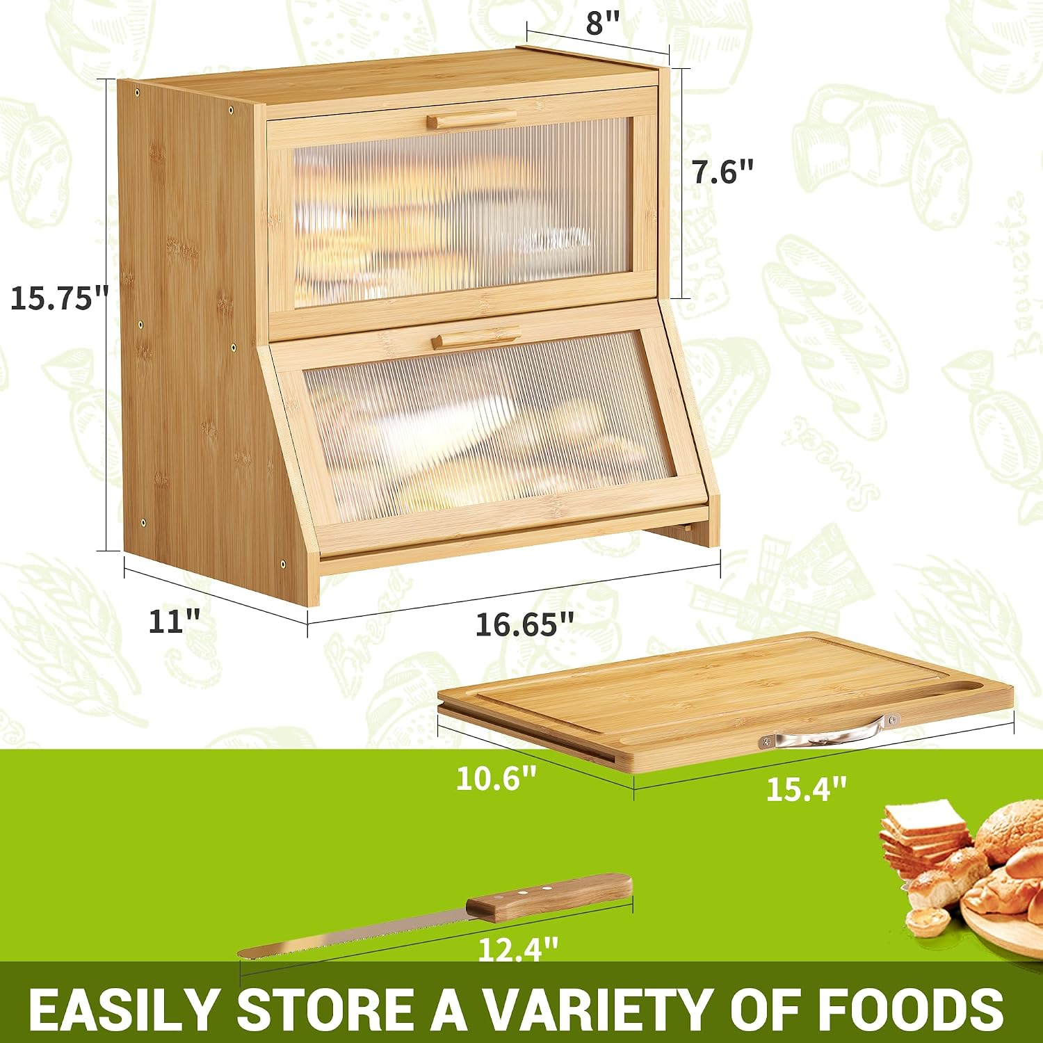 BMOSU Double-Layer Large Bread Box with Cutting Board for Kitchen Countertop Bread Box With Frosted Glass Window