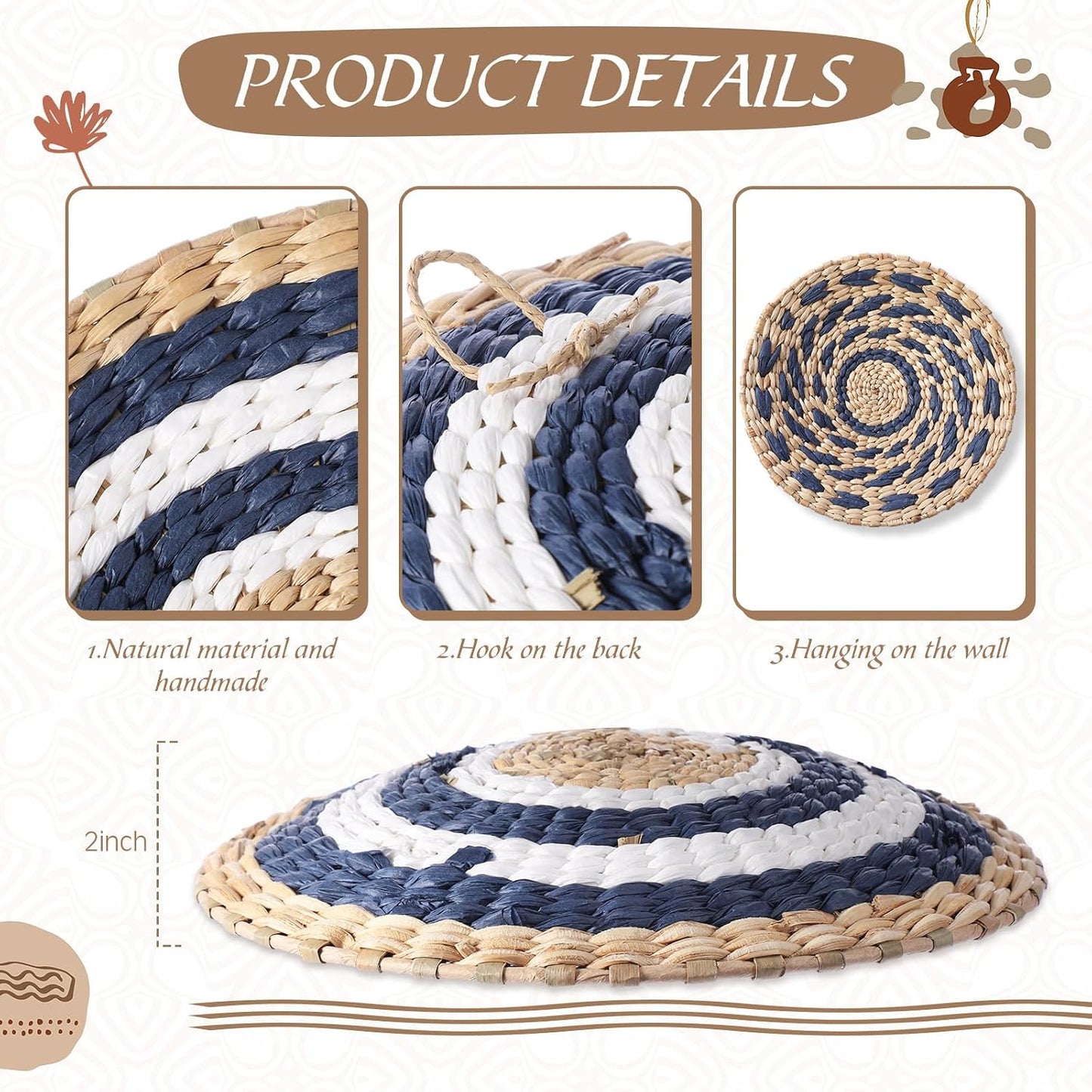 Boho Wall Basket Decor Woven Rattan Seagrass Wall Decor Hanging Rustic / Blue Style / Set of 15