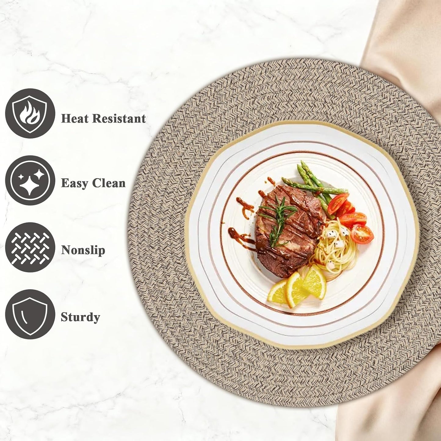 Round Placemats Set of 6, Cotton Rope Woven Table Mats, Hot Pads for Kitchen, Non Slip Heat Resistant Place Mats, 13