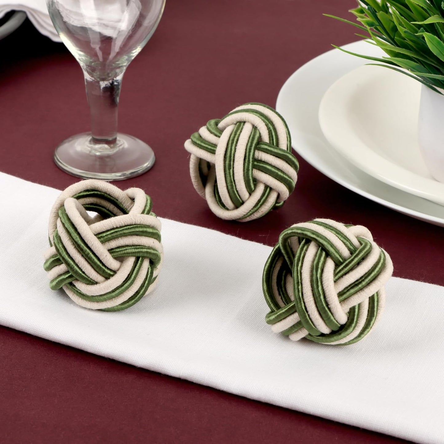 ALPHA Living HOME Modern Woven Napkin Rings Set of 12 - Green/White Polyester & Jute Table Decor for Weddings, Parties
