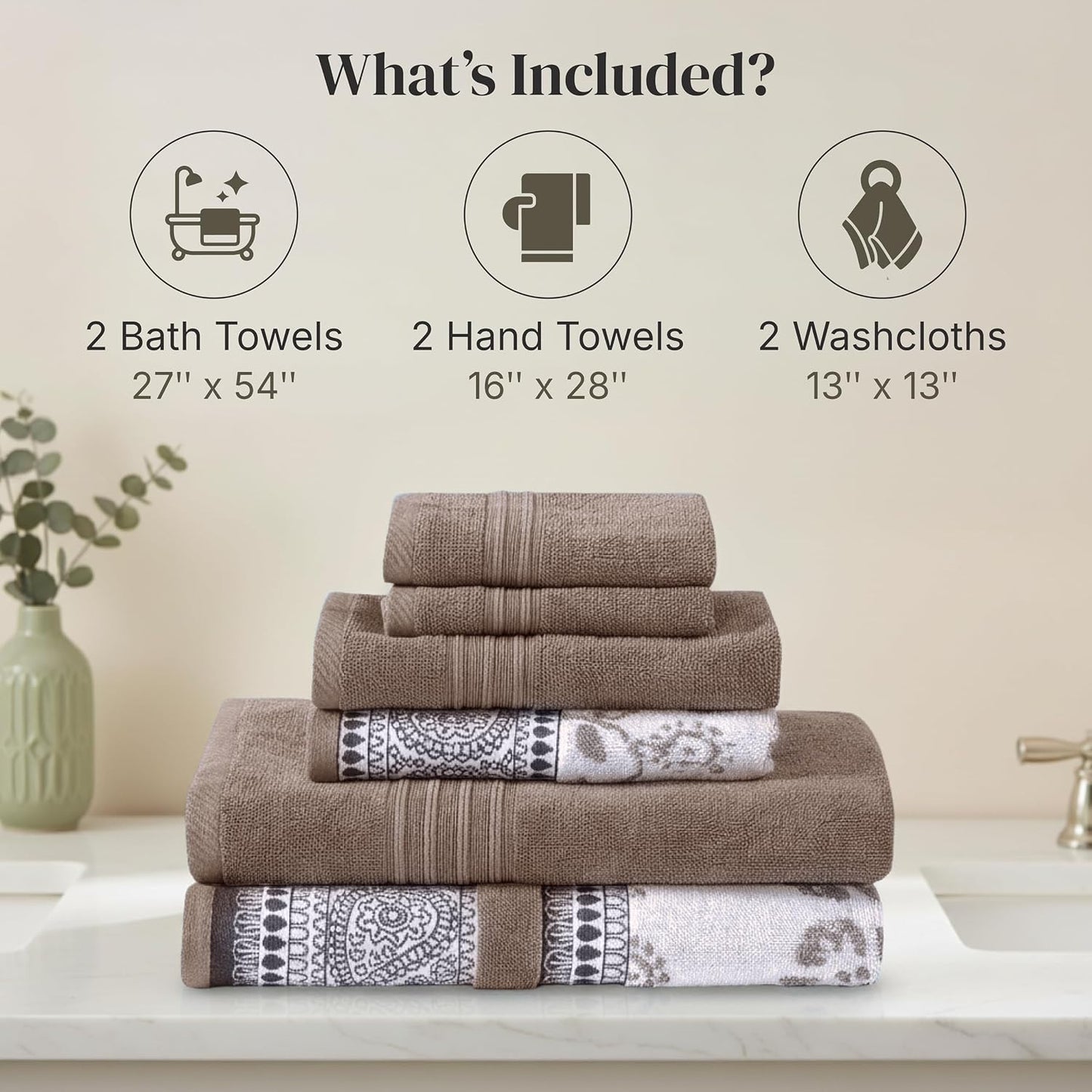 Modern Threads 6 Piece Bath Towel Set – Bathroom Set with 2 Bath Towels, 2 Hand Towels, and 2 Wash Cloths – 100%