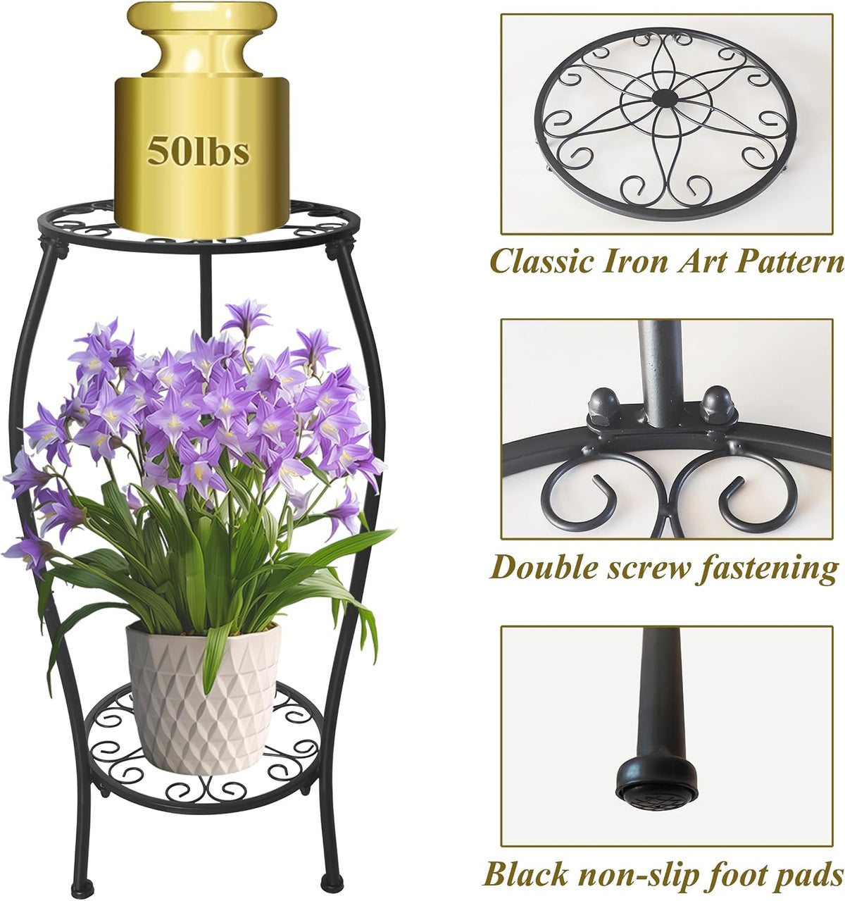 Metal Plant Stand 2 Tier Indoor Outdoor, Tall Flower Pot Shelf Rustproof Stable Corner Stand, 25.2 inch Multiple Plant