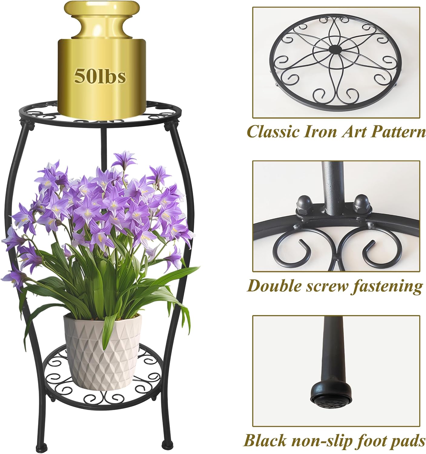 Metal Plant Stand 2 Tier Indoor Outdoor, Tall Flower Pot Shelf Rustproof Stable Corner Stand, 25.2 inch Multiple Plant