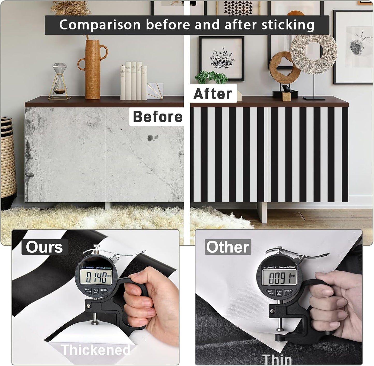 Black and White Wallpaper Peel and Stick Striped Contact Paper for Cabinets / 18 x 197 / Black/white
