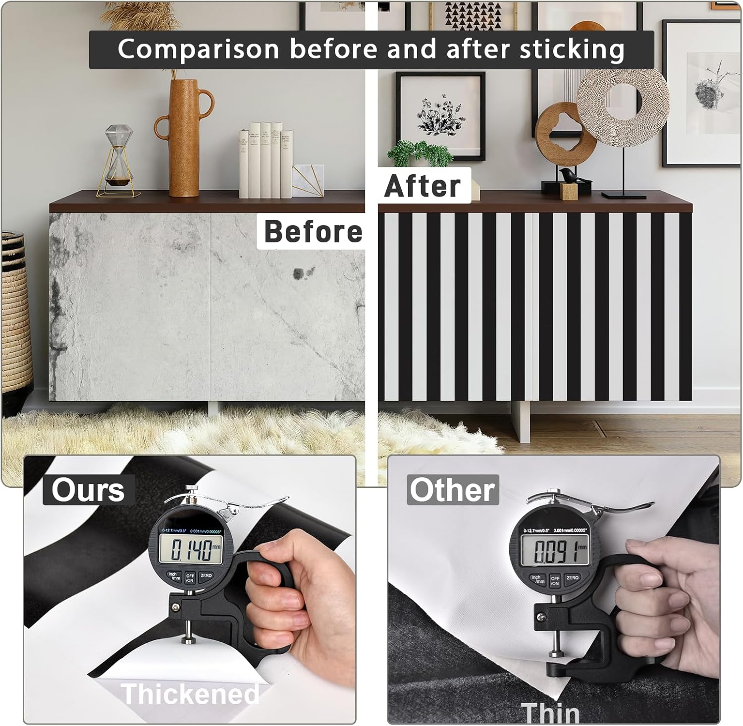 Black and White Wallpaper Peel and Stick Striped Contact Paper for Cabinets / 18 x 197 / Black/white