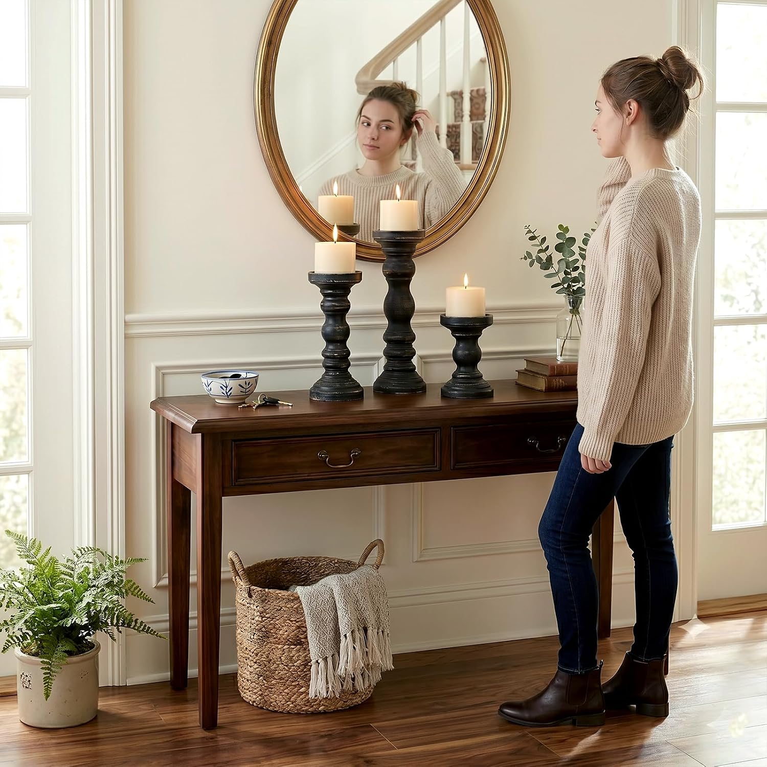 SWALLOWLIVING Rustic Farmhouse Wood Pillar Candle Holder Set of 3 for Candlestick, Black